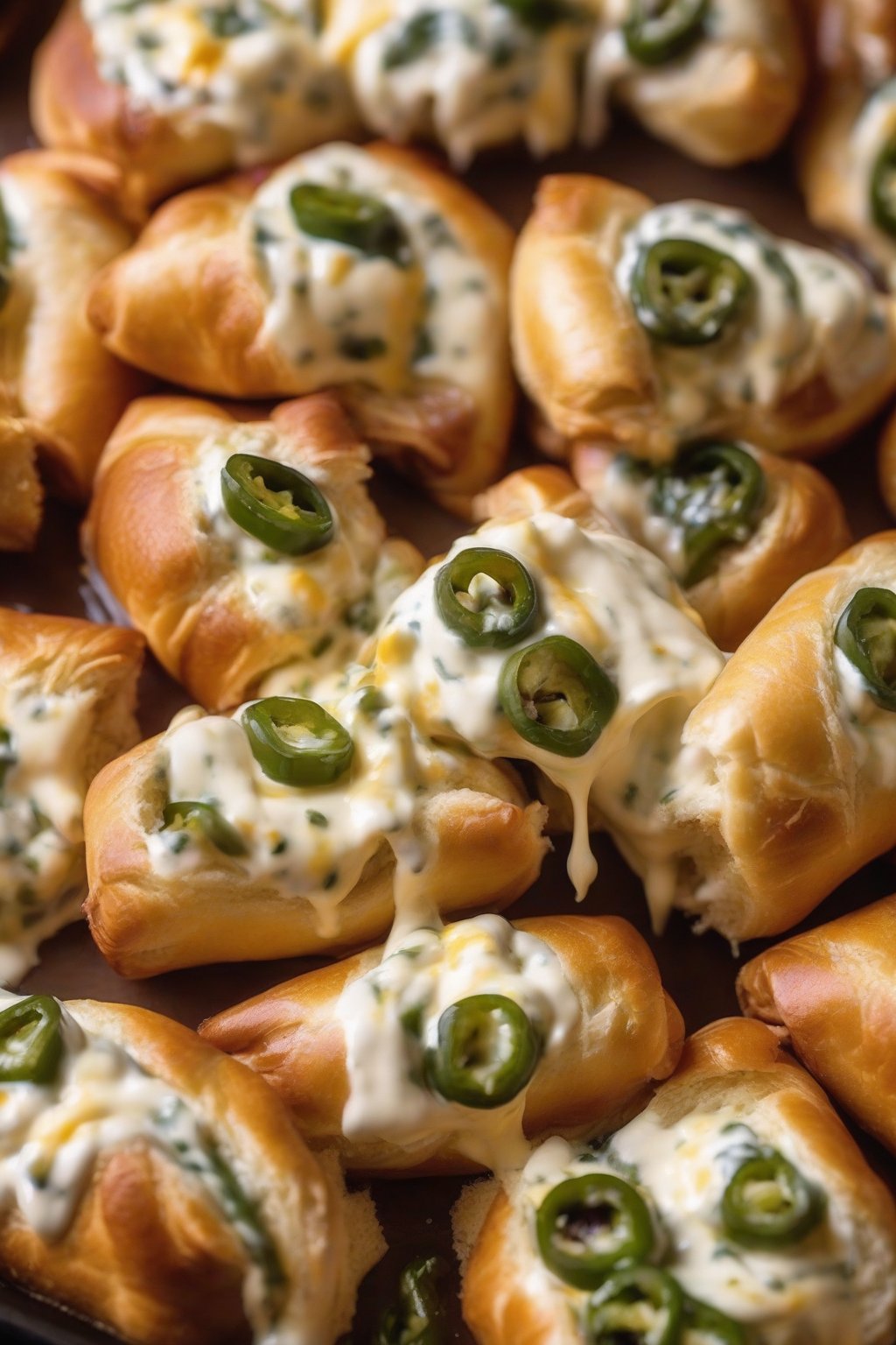 A close-up photo of jalapeño popper pigs in a blanket oozing cream cheese, with cheese pull, under soft lighting.