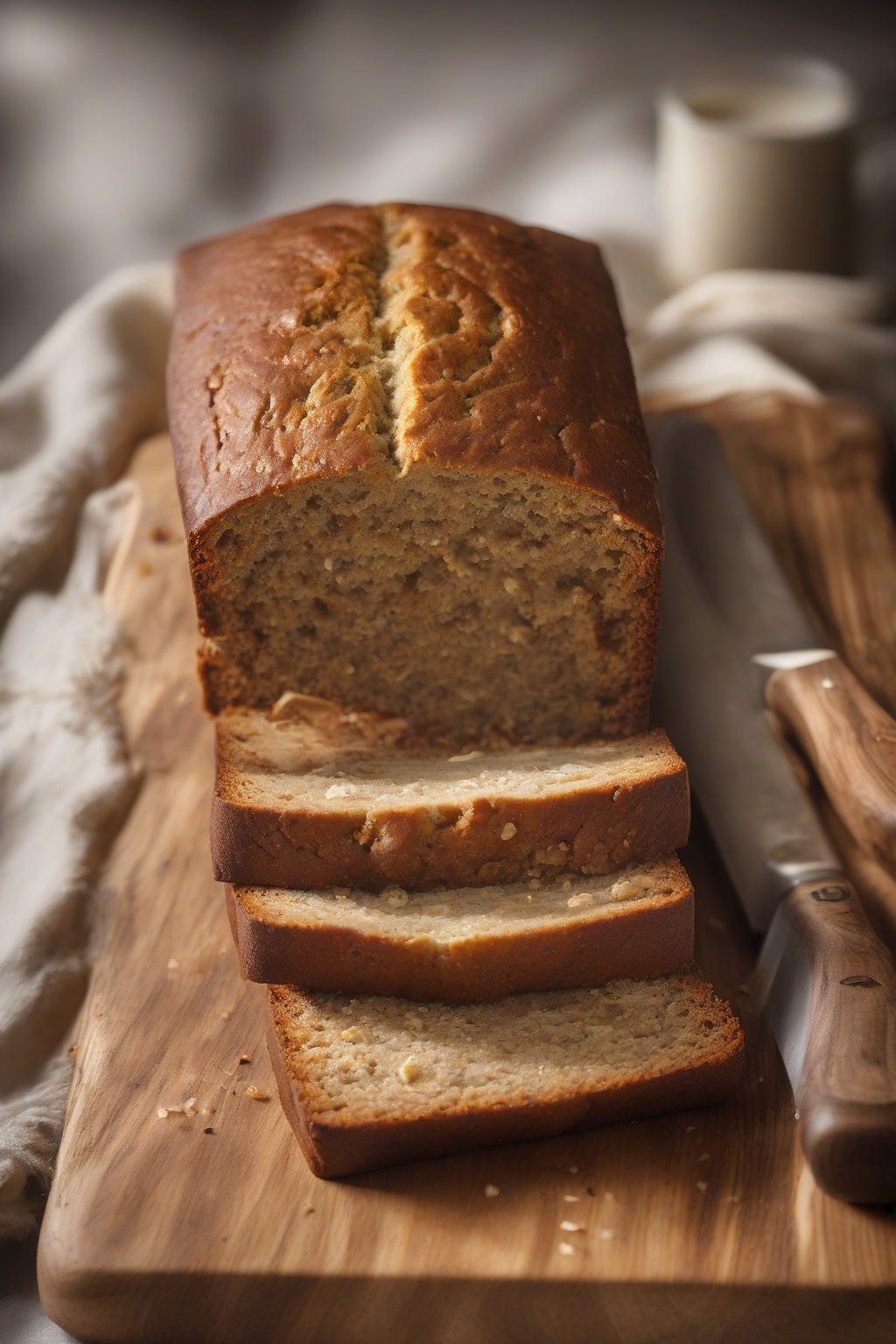 A high-resolution photo of a golden loaf of classic banana bread sliced on a wooden board, steam rising gently, under soft lighting.
