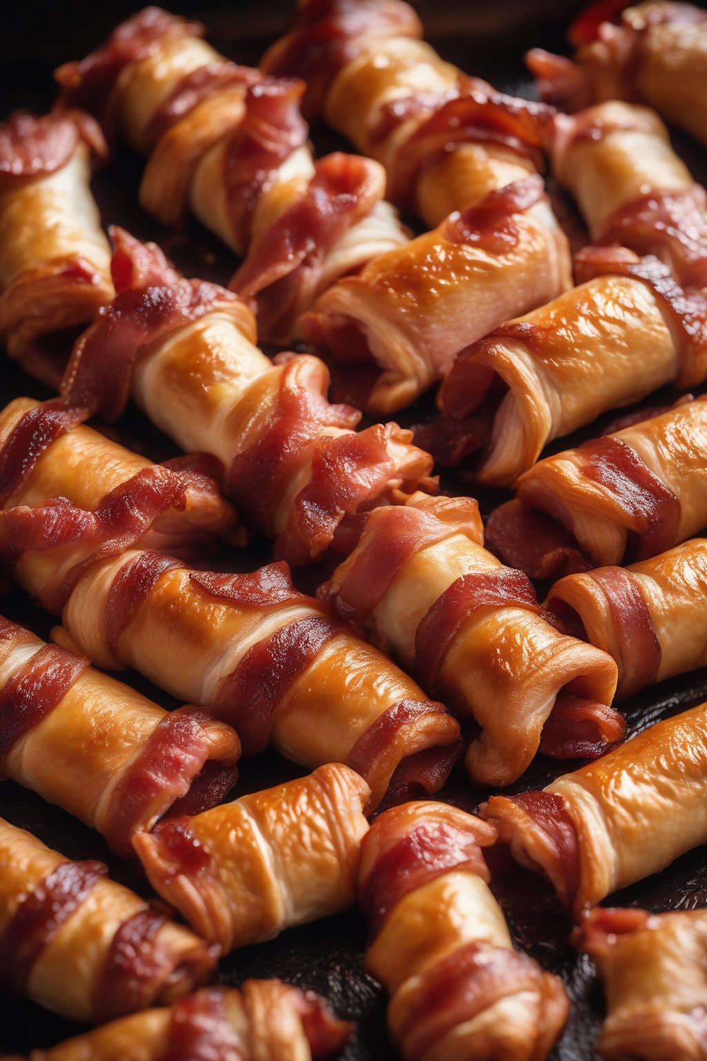A high-resolution photo of BBQ bacon pigs in a blanket glistening with sauce, bacon crisped around edges, under soft lighting.