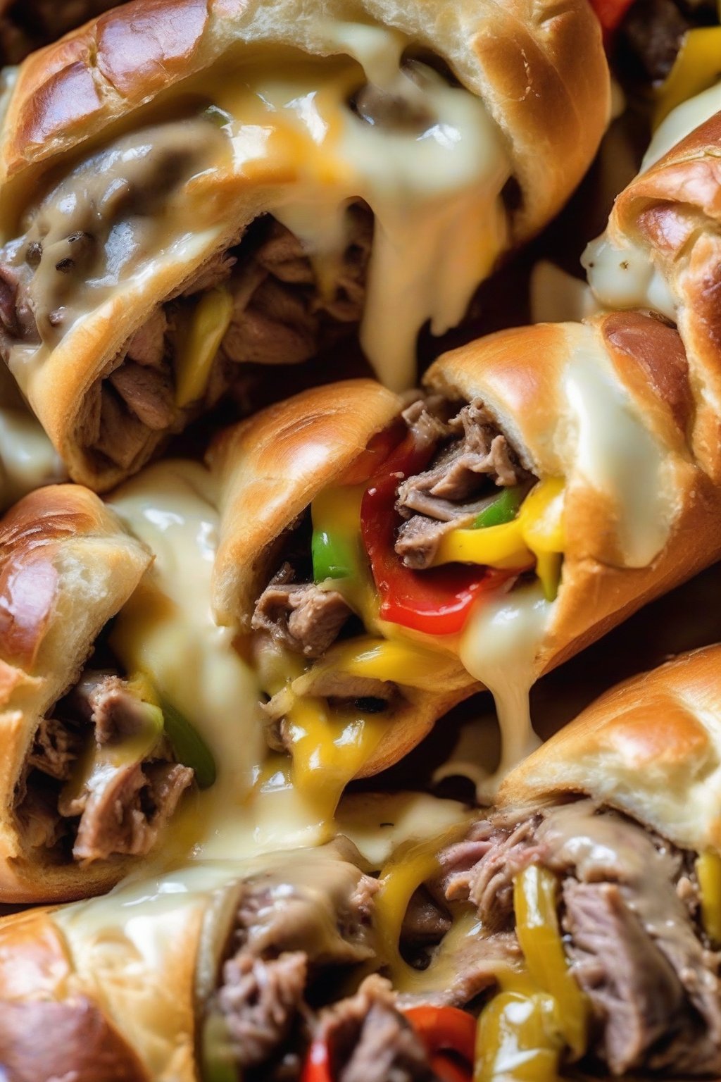 A close-up photo of Philly cheesesteak pigs in a blanket sliced open to show melted provolone and peppers, under soft lighting.