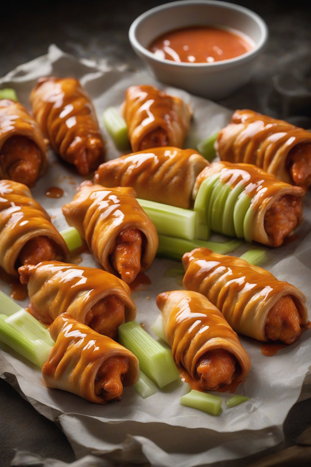 A high-resolution photo of buffalo chicken pigs in a blanket with sauce drizzle and celery garnish, under soft lighting.