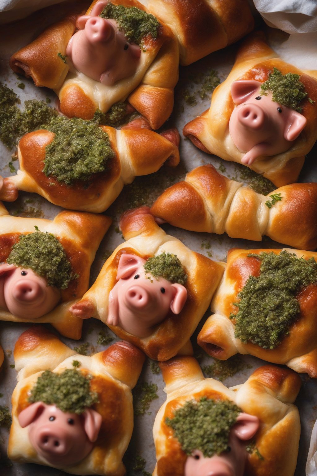 A close-up photo of pizza pigs in a blanket topped with oregano, sauce on side, under soft lighting.