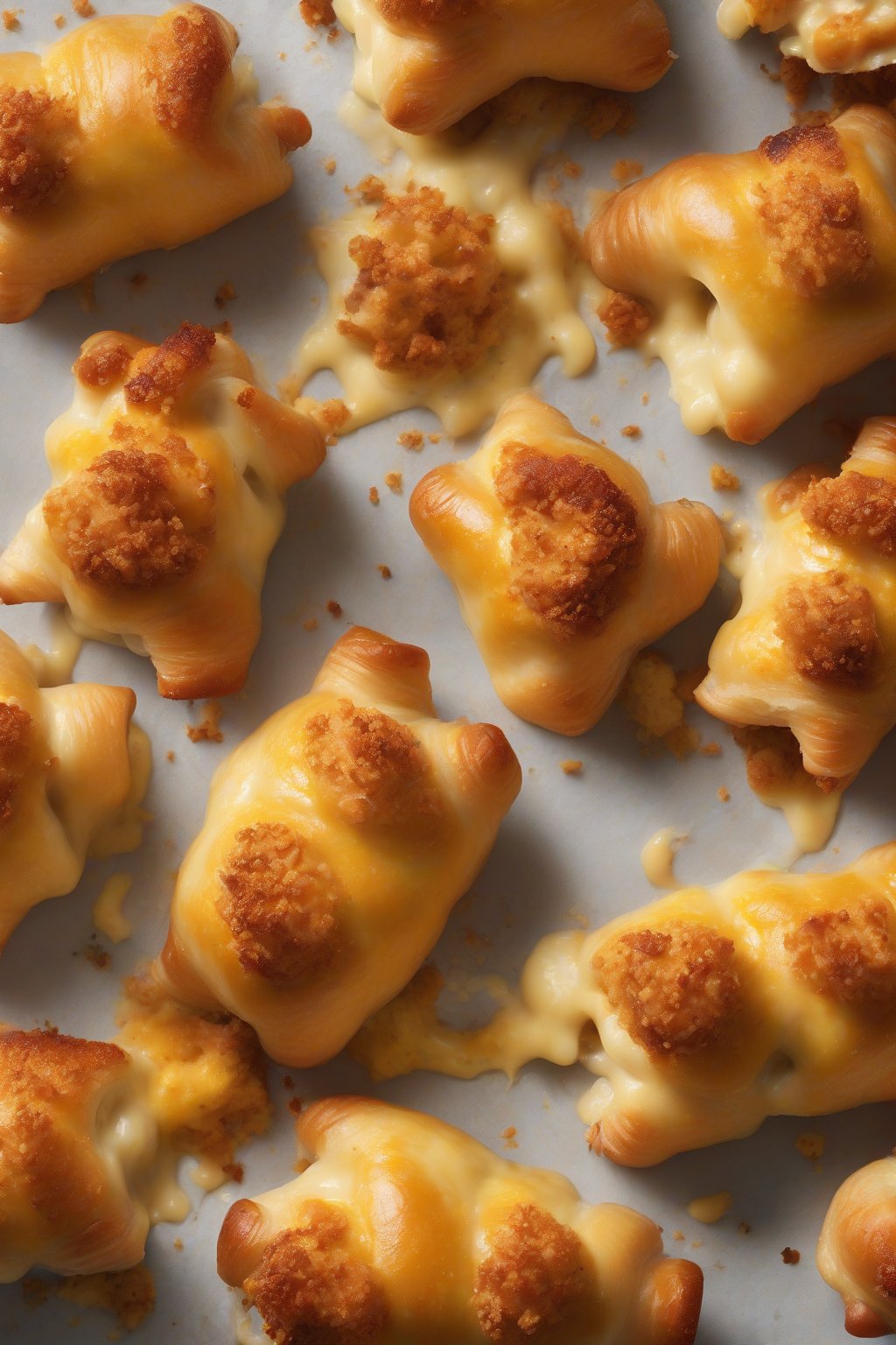 A high-resolution photo of mac and cheese pigs in a blanket with cheesy ooze, golden breadcrumbs, under soft lighting.