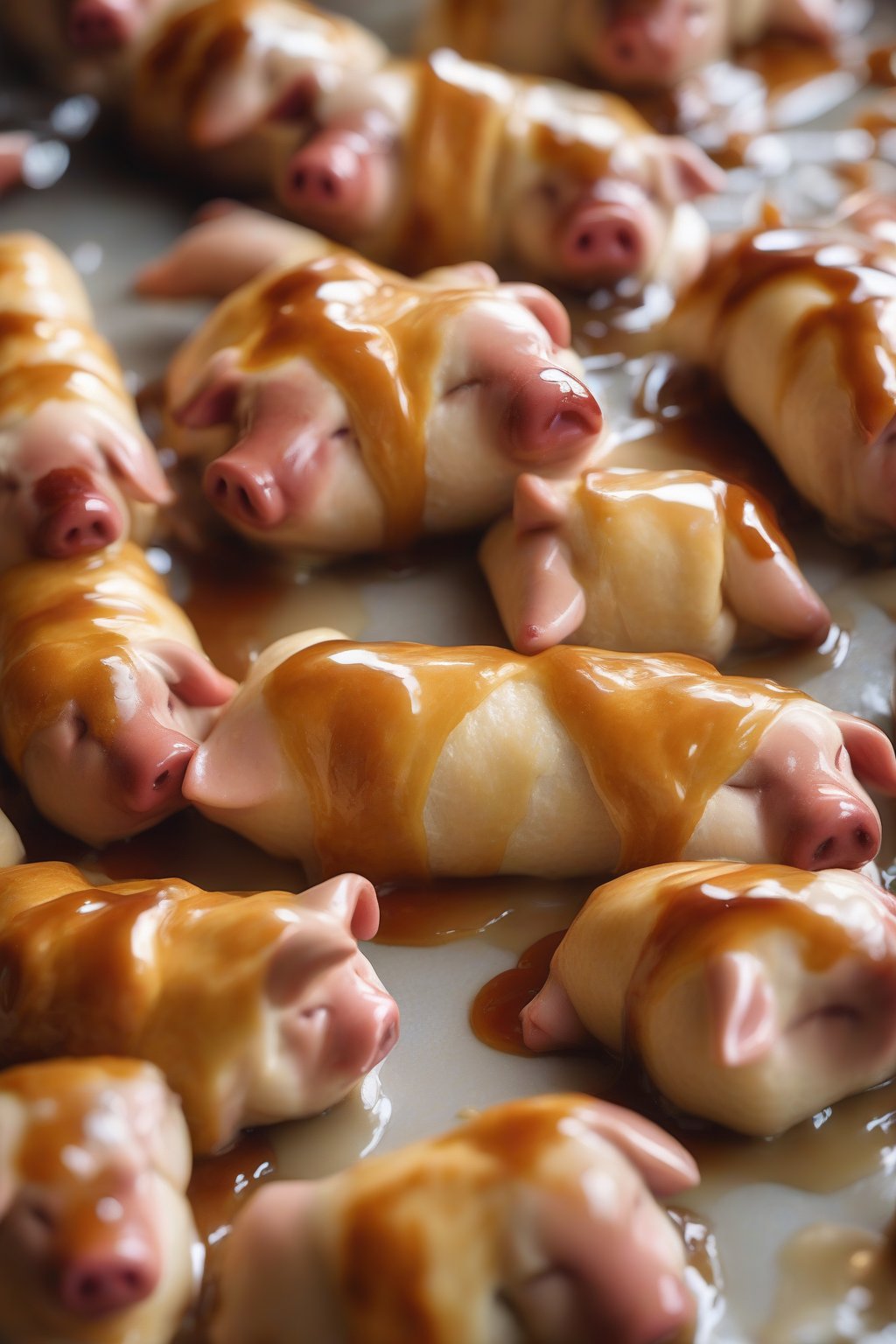 A close-up photo of breakfast pigs in a blanket drizzled with maple glaze, steam rising, under soft lighting.