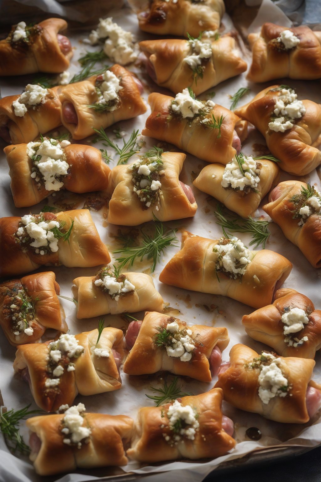 A high-resolution photo of Mediterranean pigs in a blanket garnished with feta crumbles and herbs, under soft lighting.