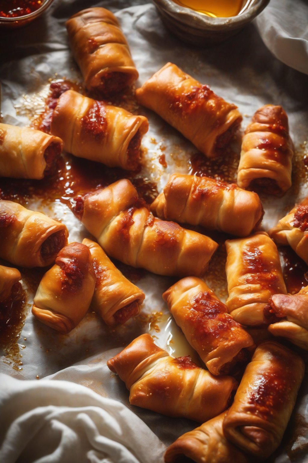 A close-up photo of sweet and spicy chili pigs in a blanket with honey sheen and spice dusting, under soft lighting.