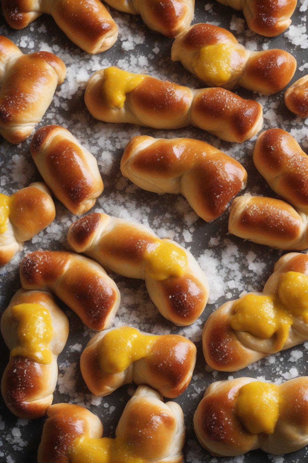 A high-resolution photo of pretzel pigs in a blanket with shiny salt crystals and mustard swirl, under soft lighting.
