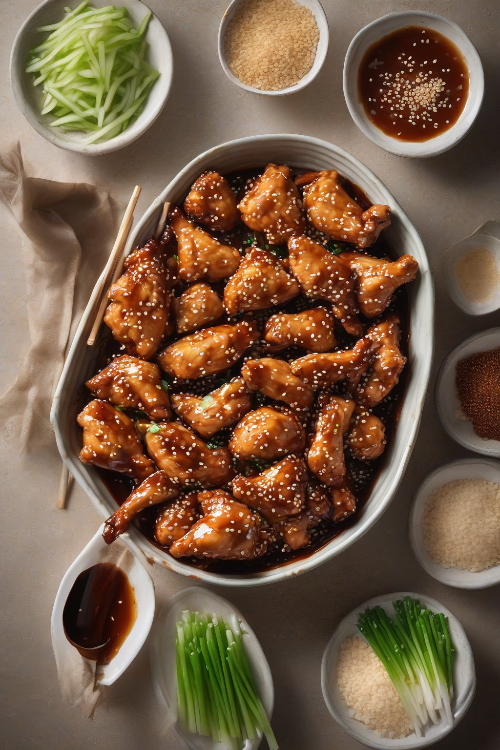 A high-resolution photo of golden crispy classic glazed sesame chicken tossed in shiny sauce, garnished with sesame seeds and green onions, under soft lighting.