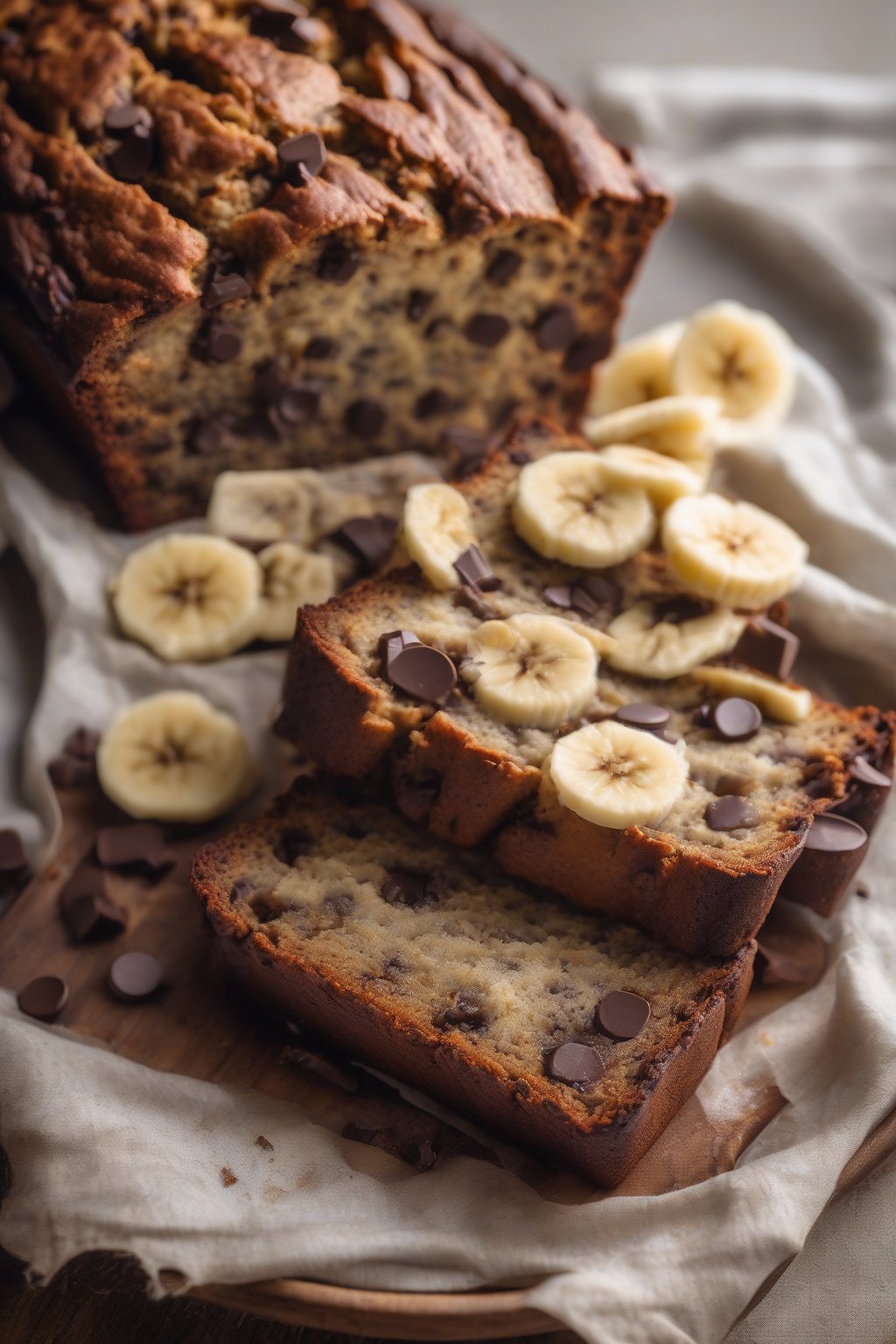 A high-resolution photo of chocolate chip banana bread with gooey chips oozing out of a thick slice, on a rustic plate, under soft lighting.