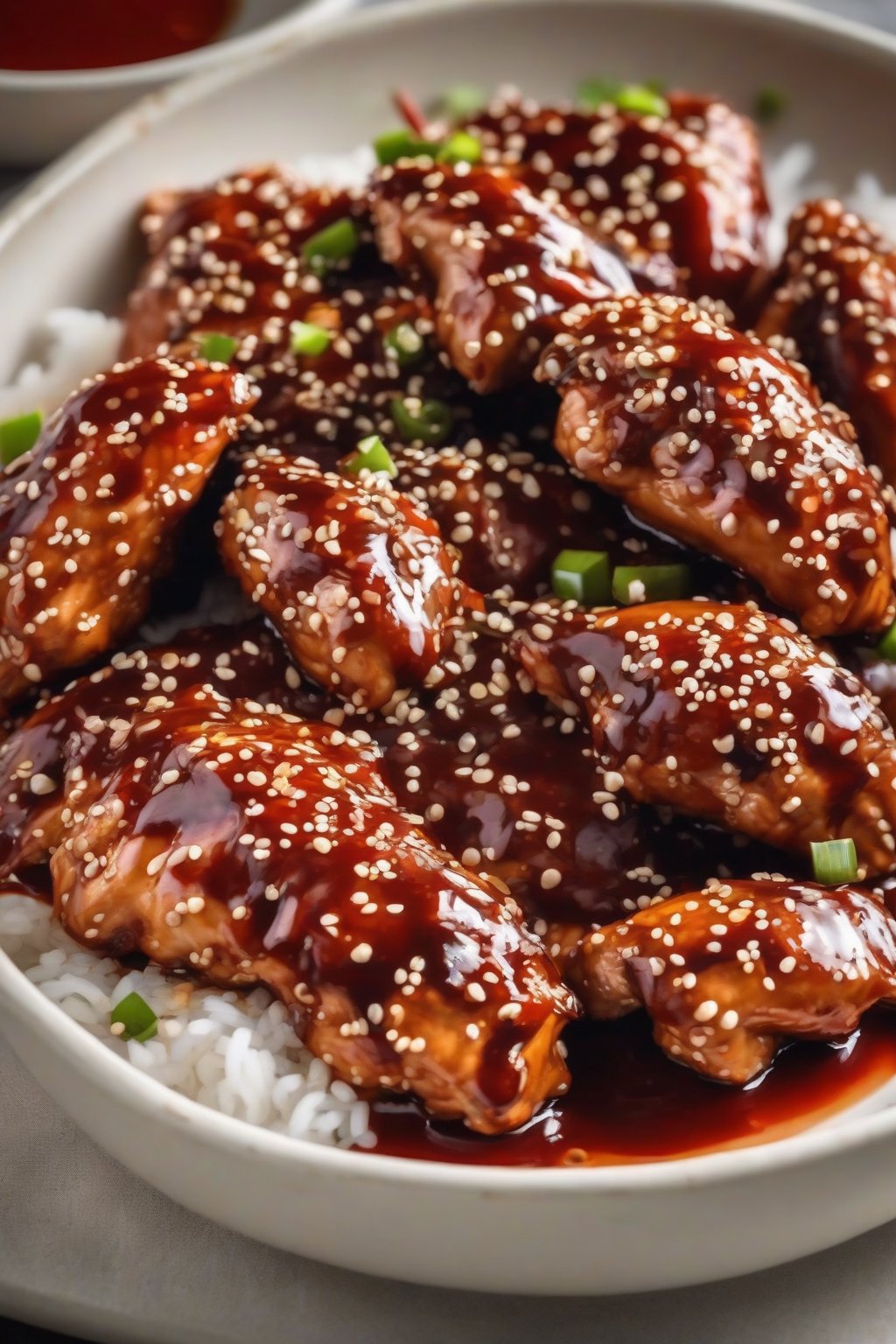 A close-up photo of spicy sriracha glazed sesame chicken with glossy red sauce and sesame seeds, steam rising, under soft lighting.