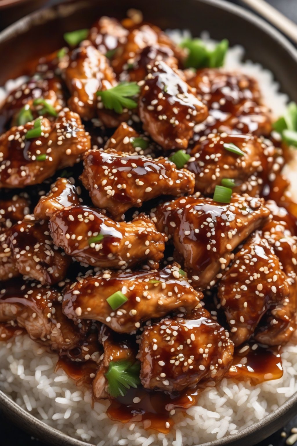 A high-resolution photo of honey garlic glazed sesame chicken glistening with sauce, sesame seeds scattered, served over rice, under soft lighting.
