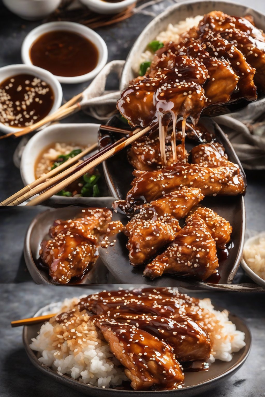 A close-up photo of teriyaki glazed sesame chicken with shiny brown sauce and sesame topping, chopsticks picking a piece, under soft lighting.