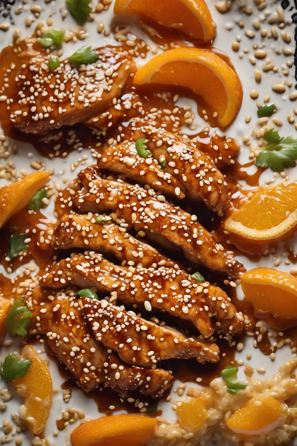A high-resolution photo of orange glazed sesame chicken with vibrant sauce drips and sesame seeds, orange slices nearby, under soft lighting.