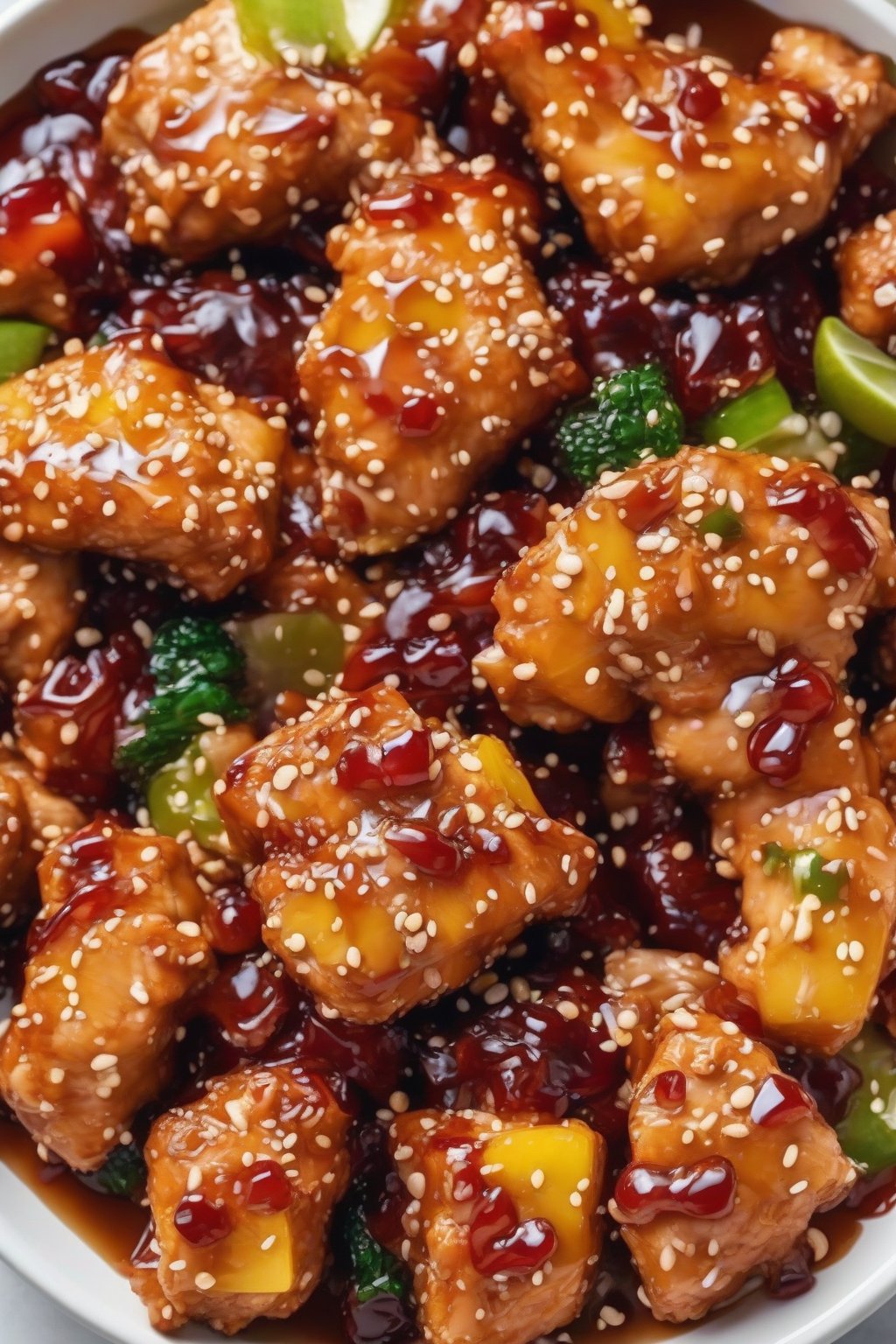 A close-up photo of pineapple glazed sesame chicken chunks with juicy fruit bits and glossy glaze, sesame sprinkled, under soft lighting.