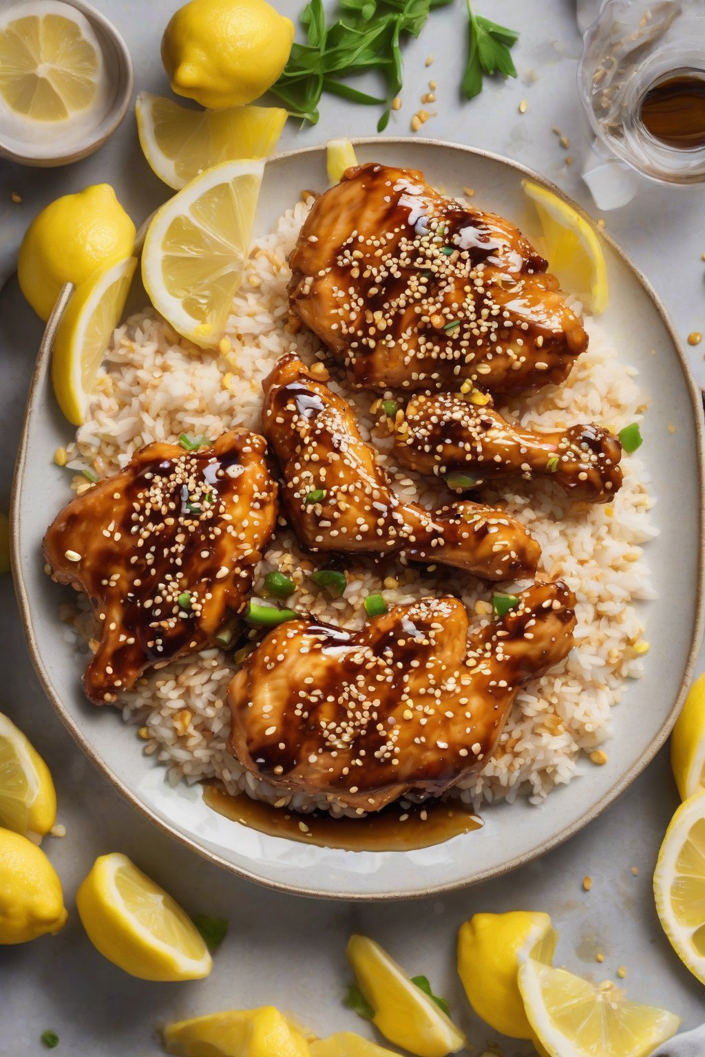 A high-resolution photo of lemon ginger glazed sesame chicken shining bright yellow, sesame seeds and lemon wedges, under soft lighting.