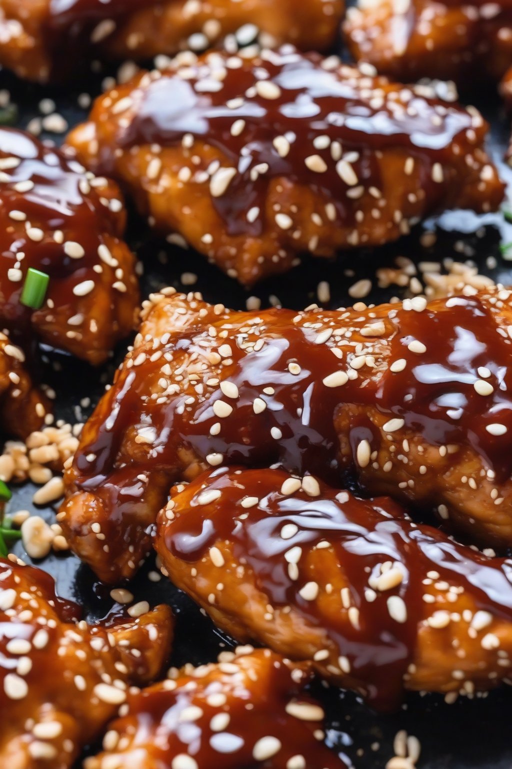 A close-up photo of BBQ glazed sesame chicken with sticky dark sauce and sesame crunch, under soft lighting.