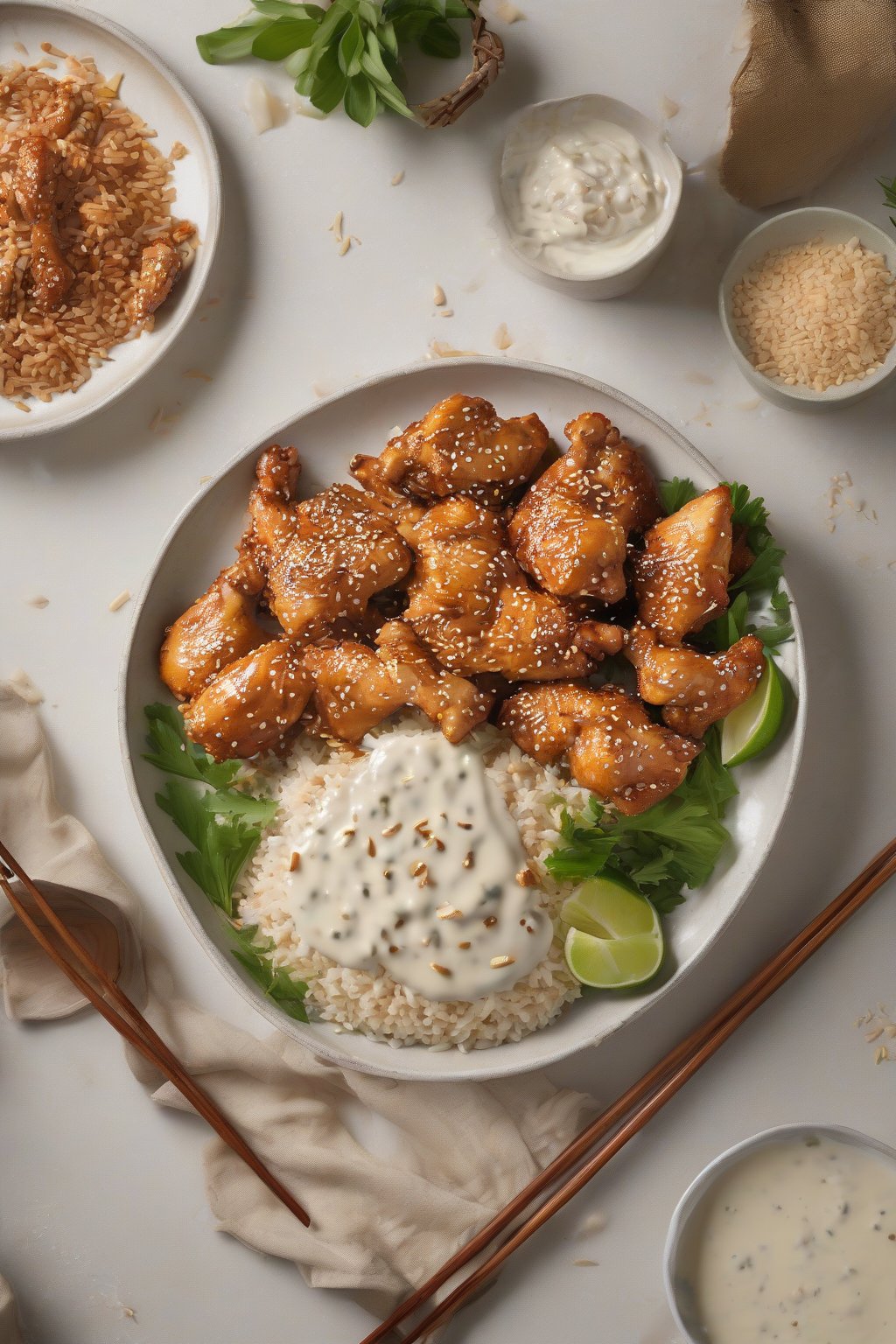 A high-resolution photo of coconut glazed sesame chicken with creamy white sauce flecked with sesame, tropical vibe, under soft lighting.
