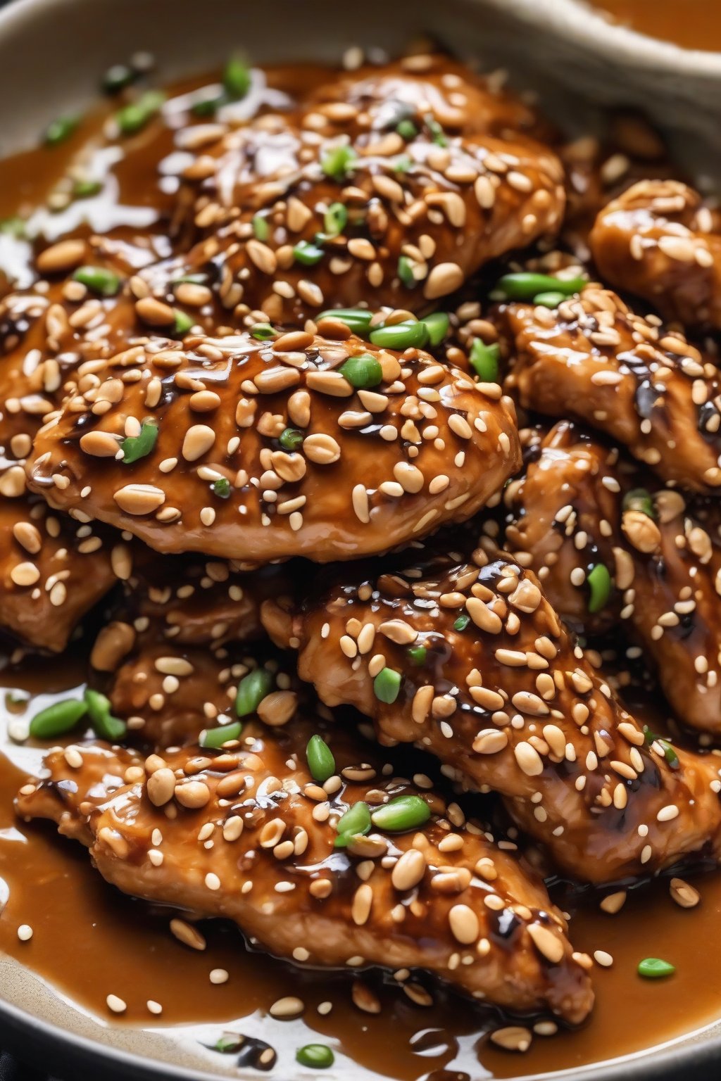 A close-up photo of peanut sesame glazed chicken with thick nutty sauce and dual seeds, under soft lighting.