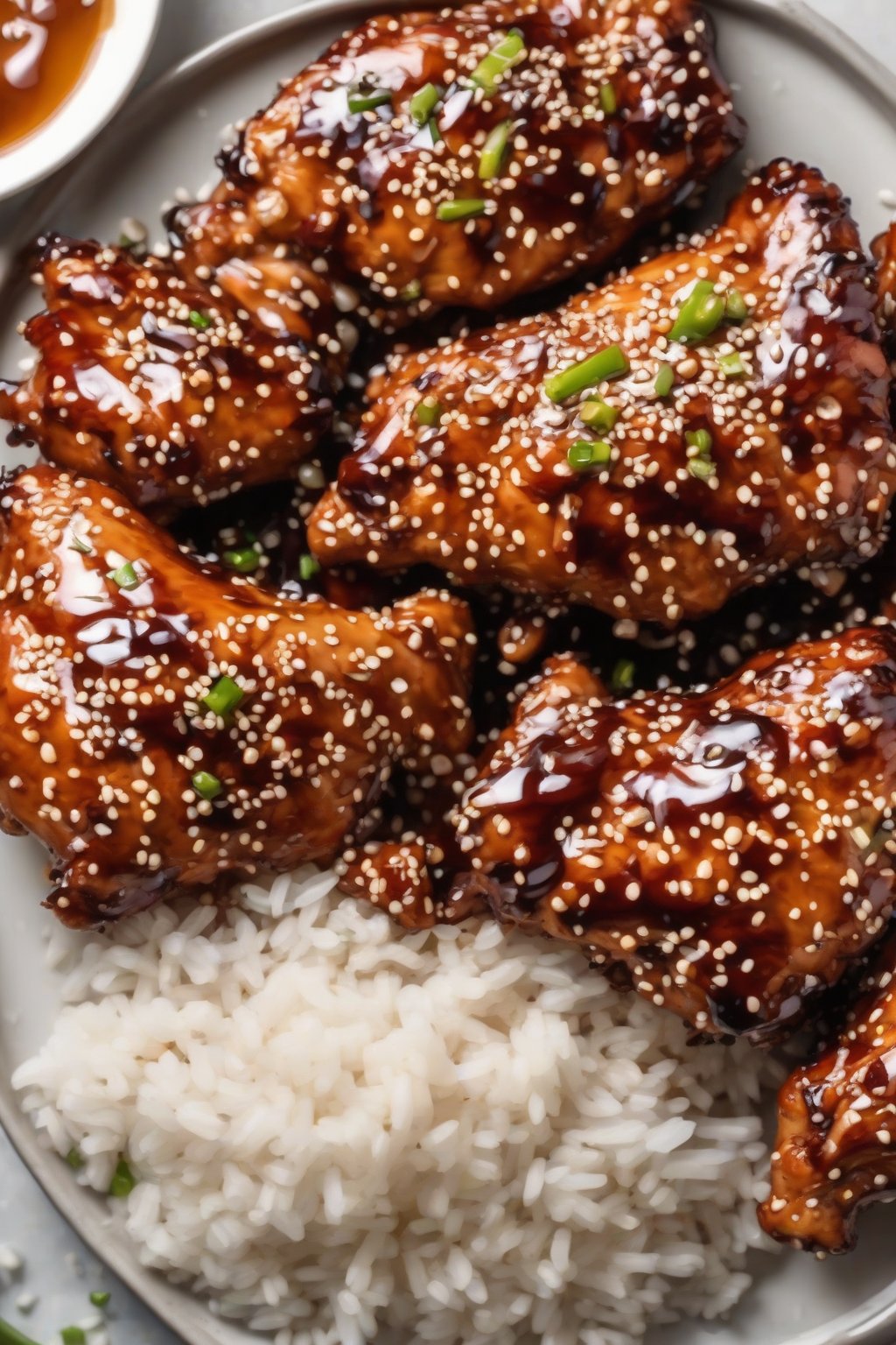 A high-resolution photo of air fryer glazed sesame chicken extra crispy with shiny glaze and sesame seeds, under soft lighting.
