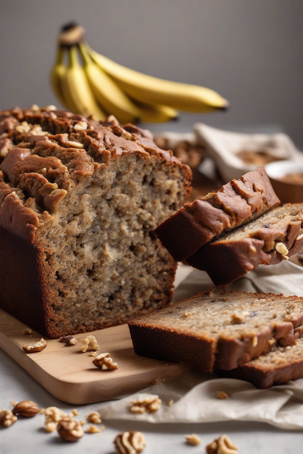 A high-resolution photo of walnut banana bread with visible nut chunks in a sliced loaf, crumbs scattered, under soft lighting.