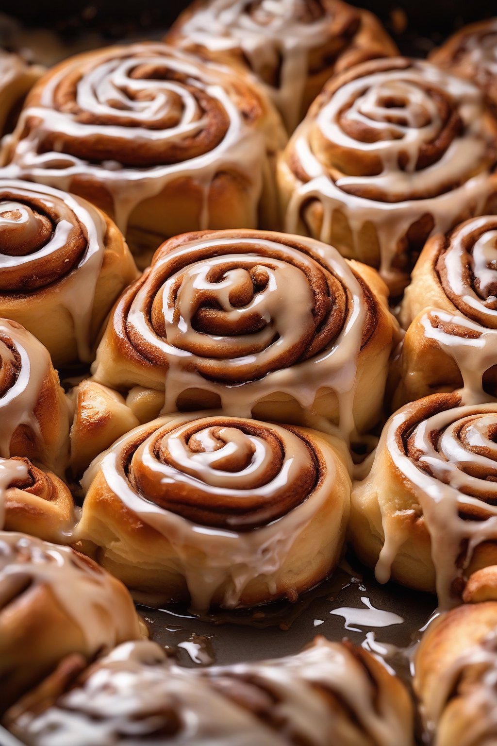 A high-resolution photo of golden-brown classic gooey cinnamon rolls oozing with cinnamon filling and drizzled glaze, under soft lighting.