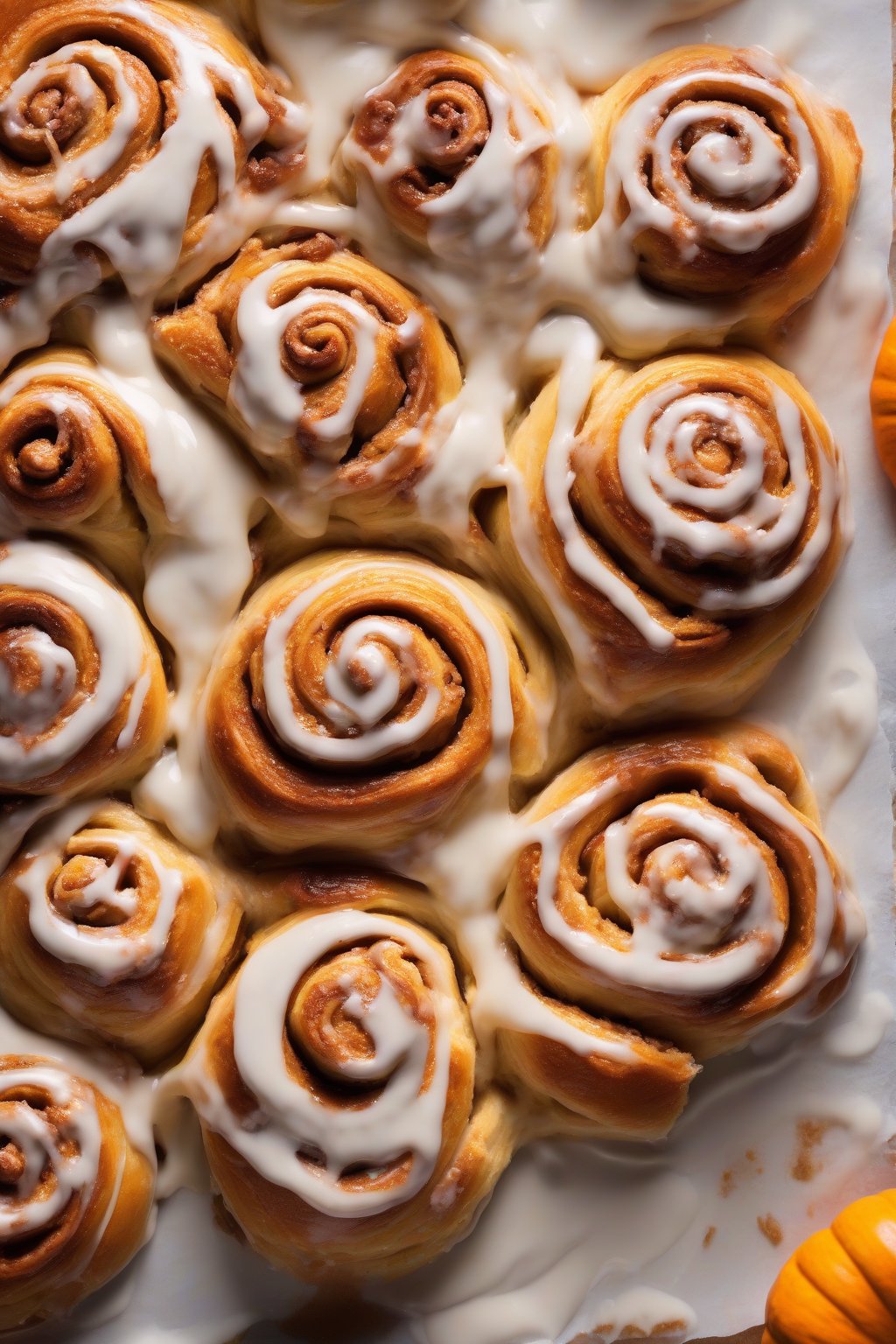 A high-resolution photo of pumpkin spice gooey cinnamon rolls with orange flecks and thick icing melting into the swirls, under soft lighting.