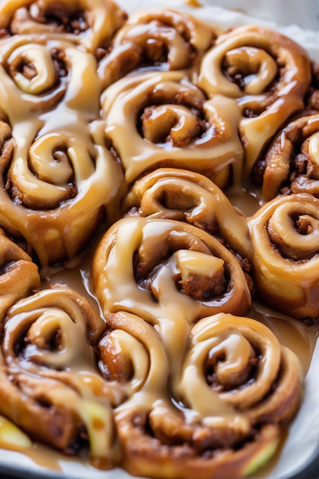 A high-resolution photo of caramel apple gooey cinnamon rolls with glistening caramel drips and apple chunks peeking out, under soft lighting.
