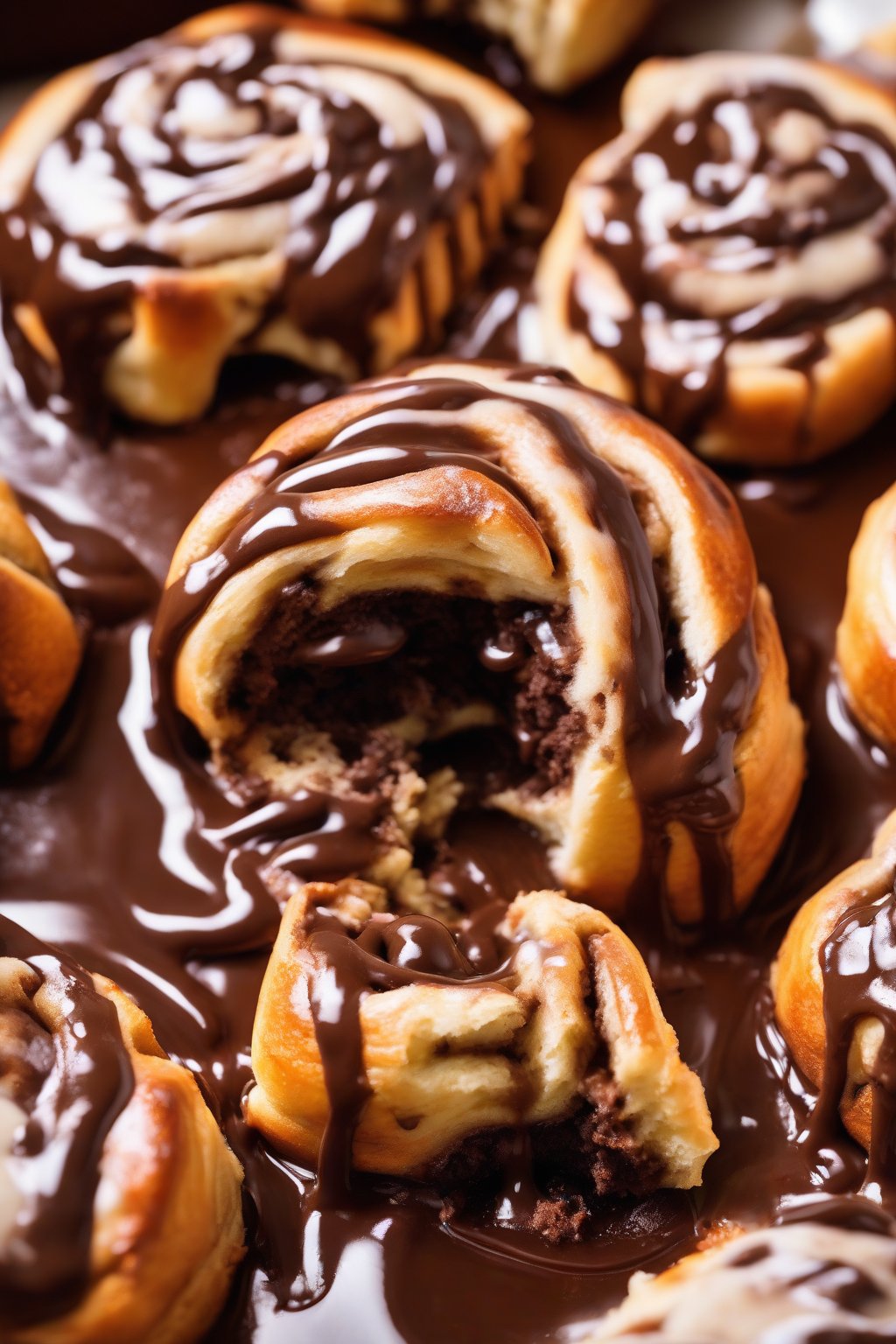 A high-resolution photo of chocolate-stuffed gooey cinnamon rolls with molten chocolate oozing from the center, under soft lighting.