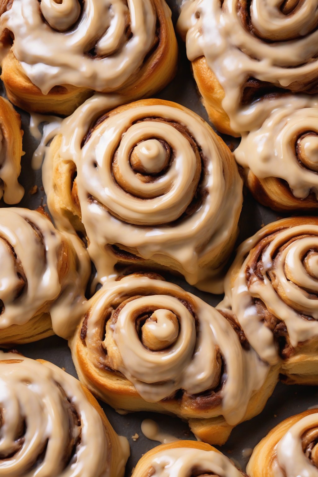 A high-resolution photo of peanut butter gooey cinnamon rolls with creamy swirls and thick PB icing cascading down, under soft lighting.