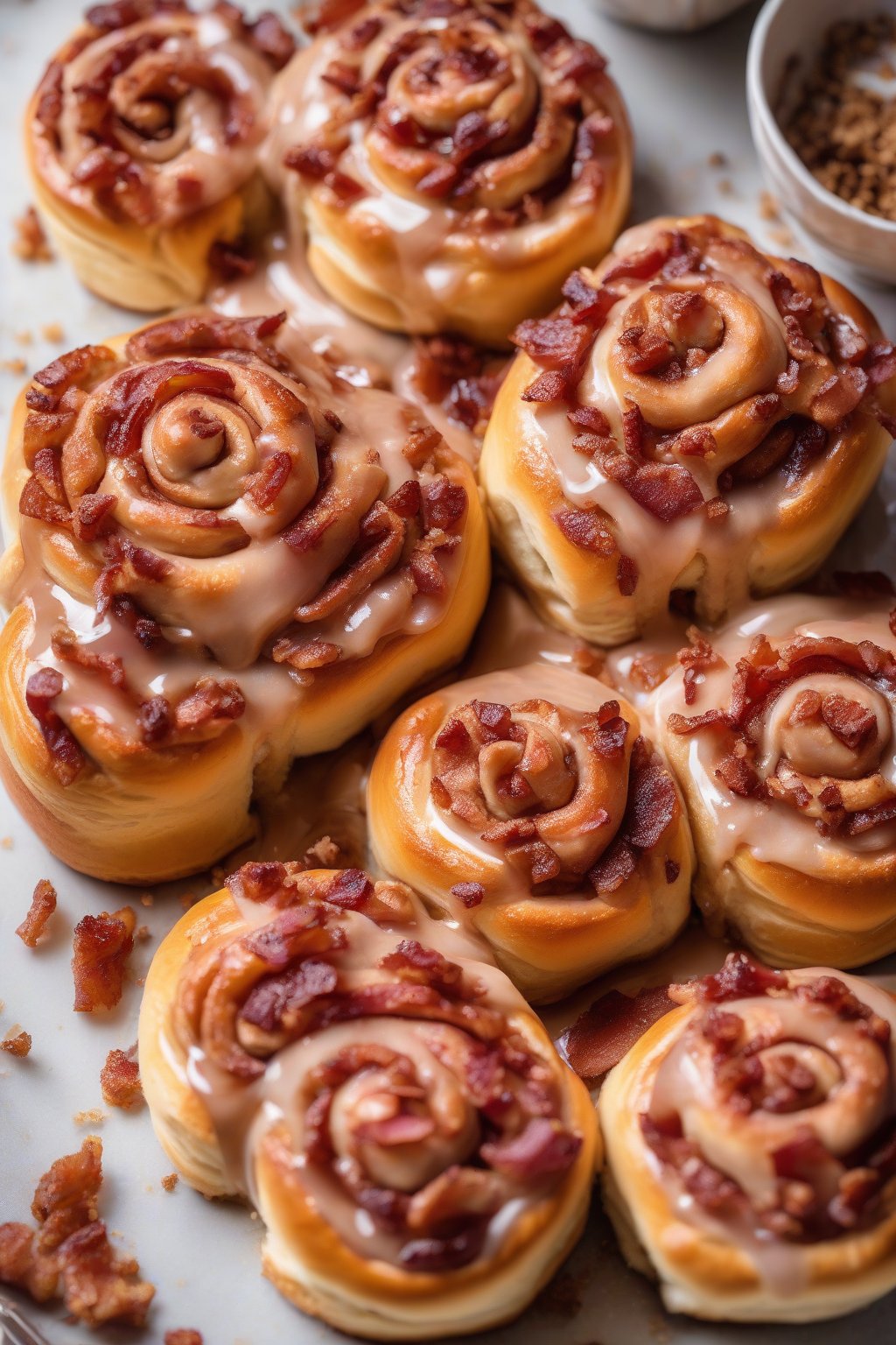 A high-resolution photo of maple bacon gooey cinnamon rolls topped with bacon crumbles and shiny maple glaze, under soft lighting.