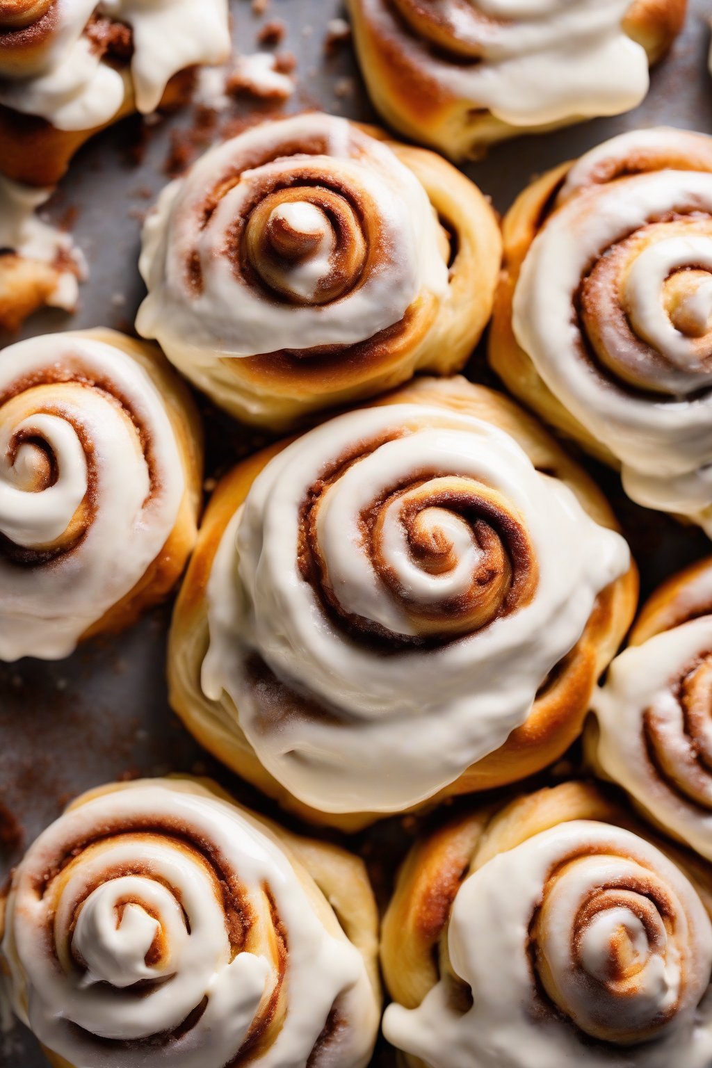 A high-resolution photo of gooey cinnamon rolls smothered in thick cream cheese frosting with cinnamon dust, under soft lighting.
