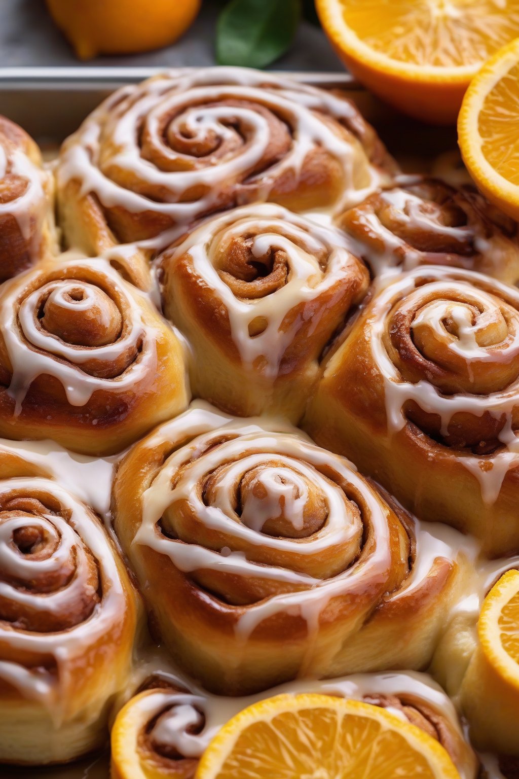 A high-resolution photo of orange zest gooey cinnamon rolls glistening with citrus glaze and fresh zest flecks, under soft lighting.