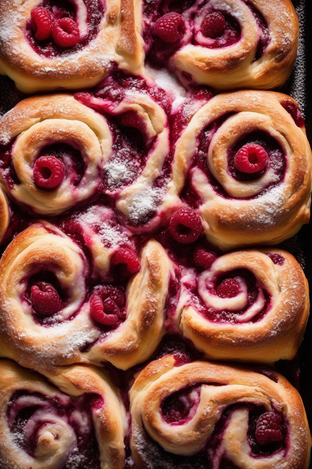 A high-resolution photo of raspberry gooey cinnamon rolls with jam bursting out and powdered sugar dusting, under soft lighting.