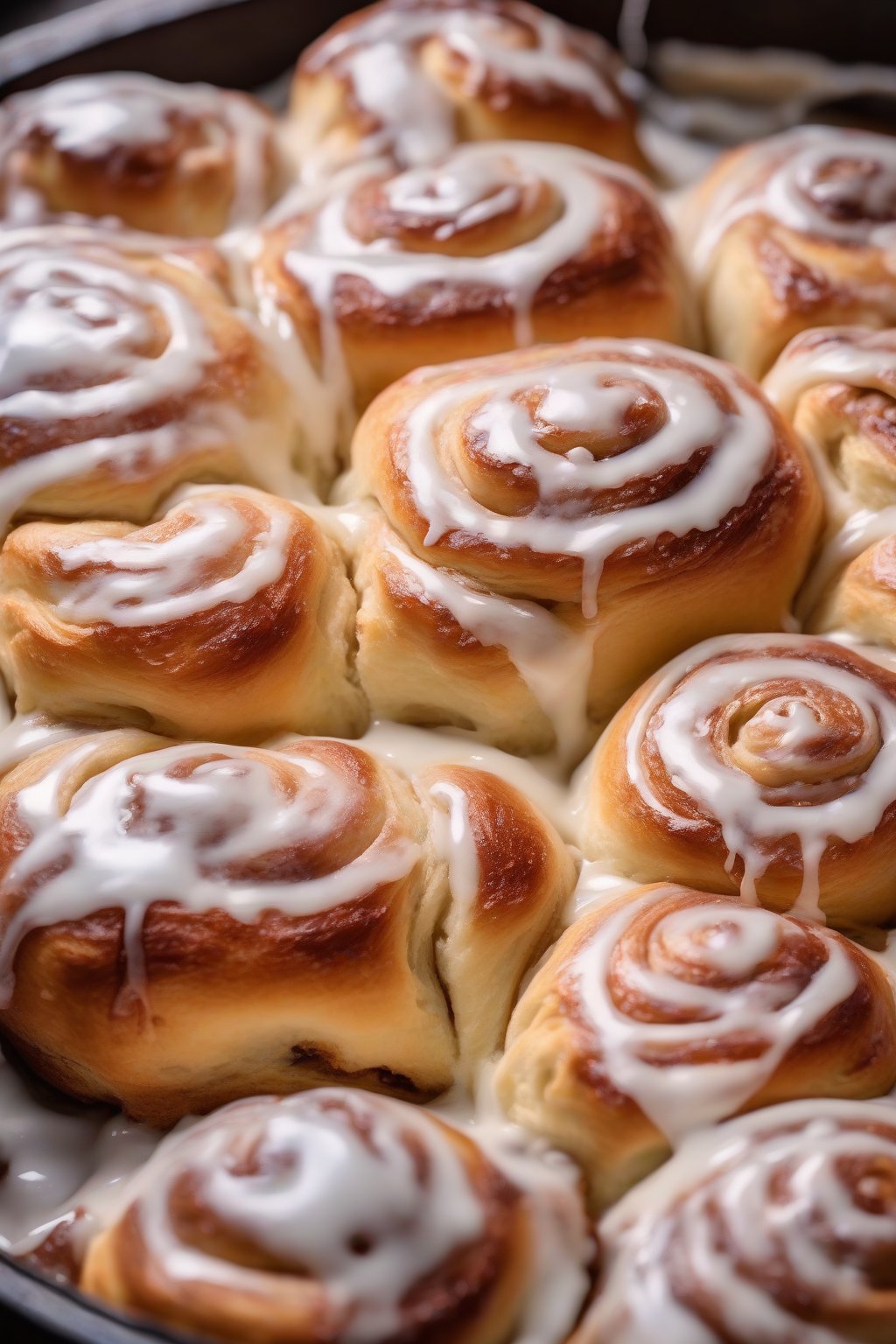 A high-resolution photo of freshly baked overnight gooey cinnamon rolls puffed high with icing pooling in crevices, under soft lighting.
