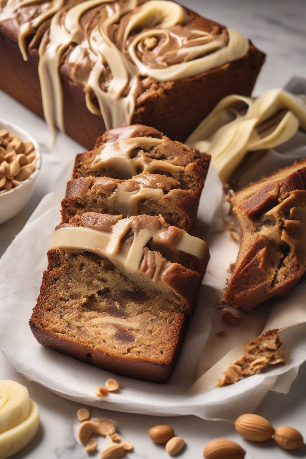 A high-resolution photo of peanut butter swirled banana bread, with creamy ribbons visible in the cut slice, under soft lighting.