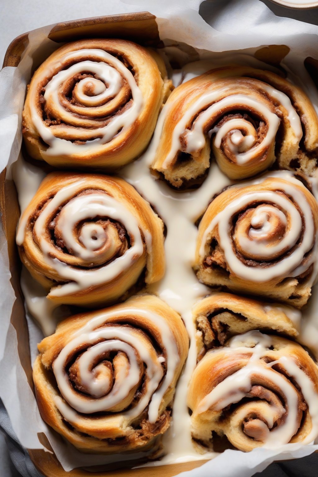 A high-resolution photo of gluten-free gooey cinnamon rolls sliced open to show stretchy centers and smooth icing, under soft lighting.