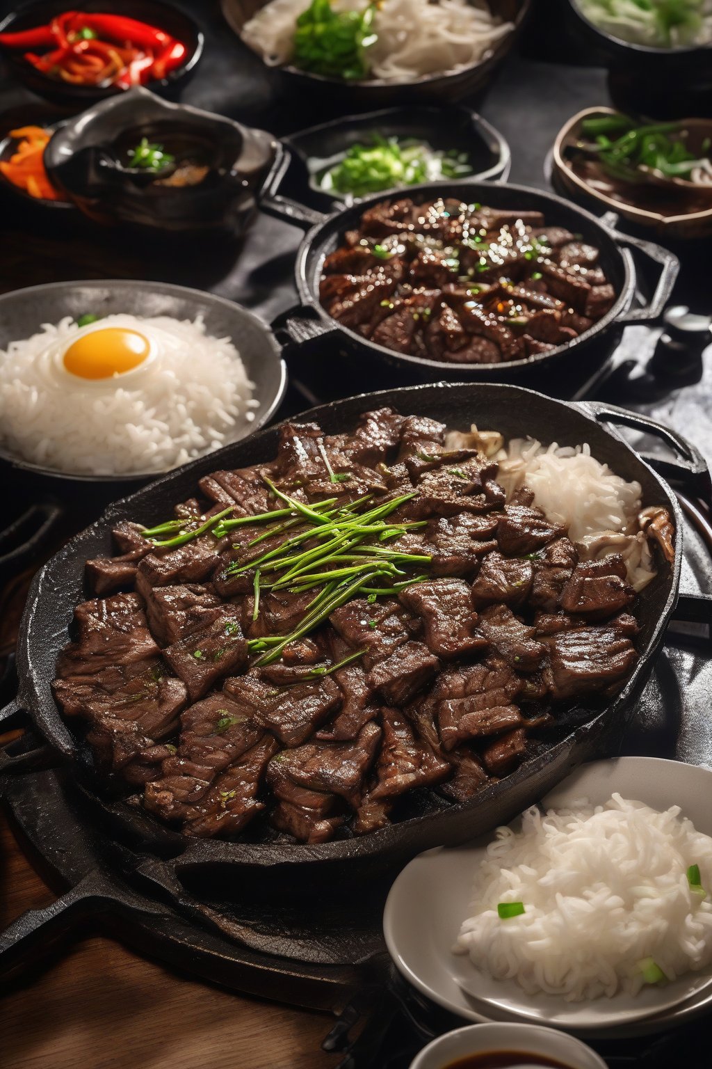 A high-resolution photo of classic grilled beef bulgogi sizzling on a hot grill with charred edges and glossy marinade, under soft lighting.