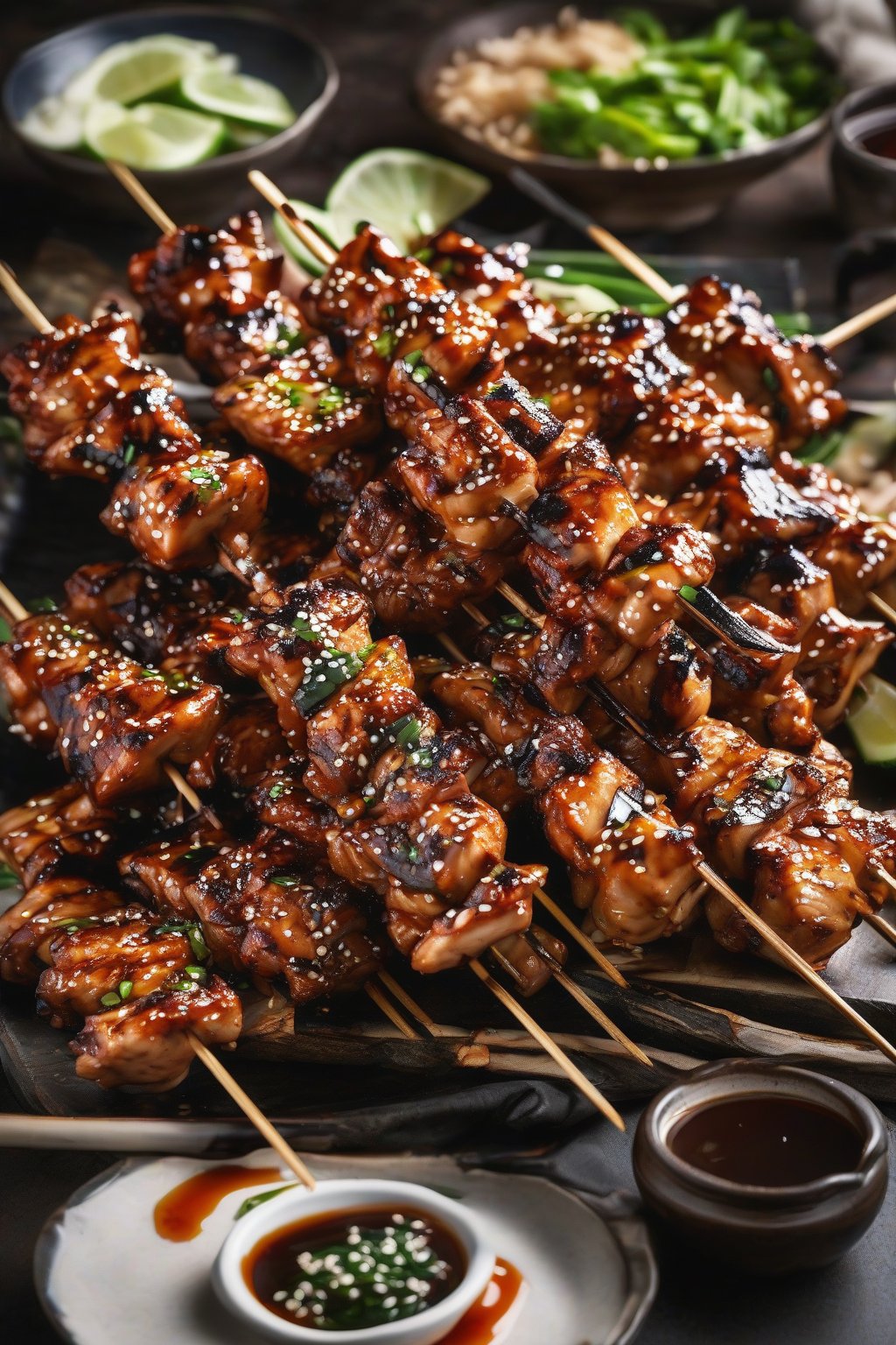 A high-resolution photo of grilled chicken bulgogi skewers glistening with marinade, garnished with sesame seeds, under soft lighting.
