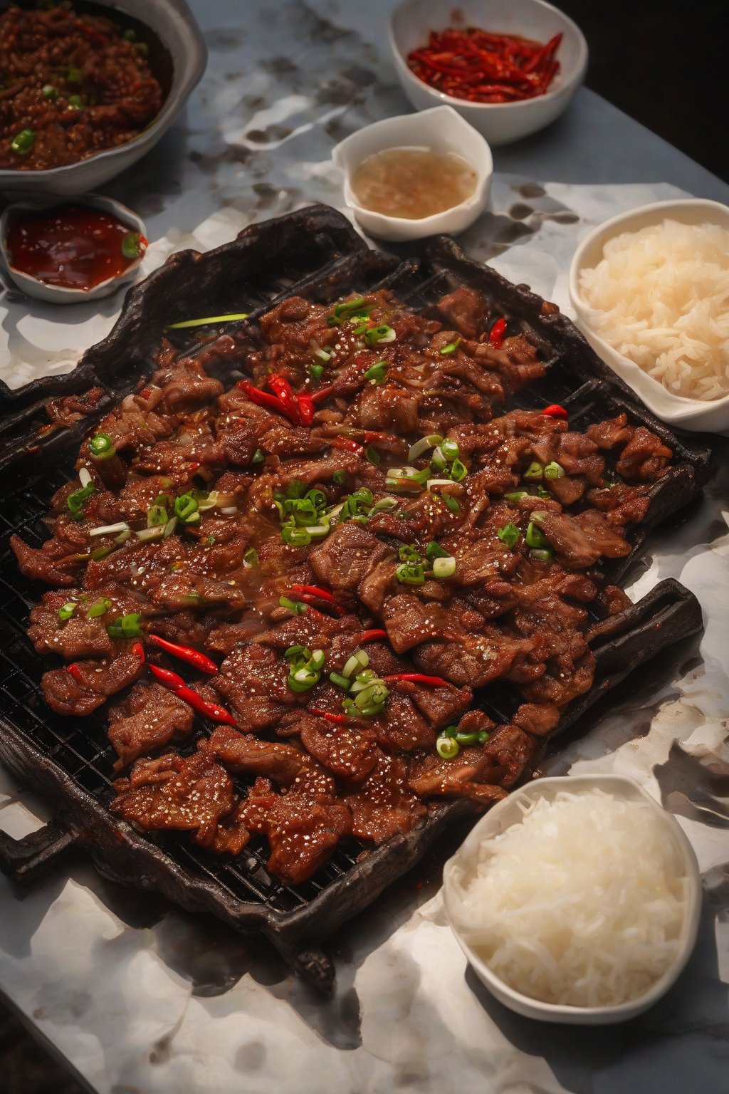 A high-resolution photo of spicy pork bulgogi with red chili flecks and steam rising from the grill, under soft lighting.