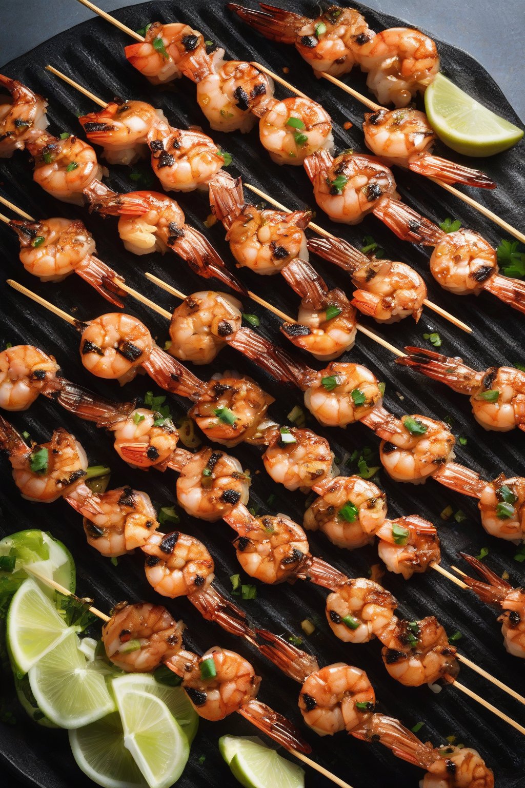A high-resolution photo of grilled shrimp bulgogi threaded on skewers with caramelized tails, under soft lighting.