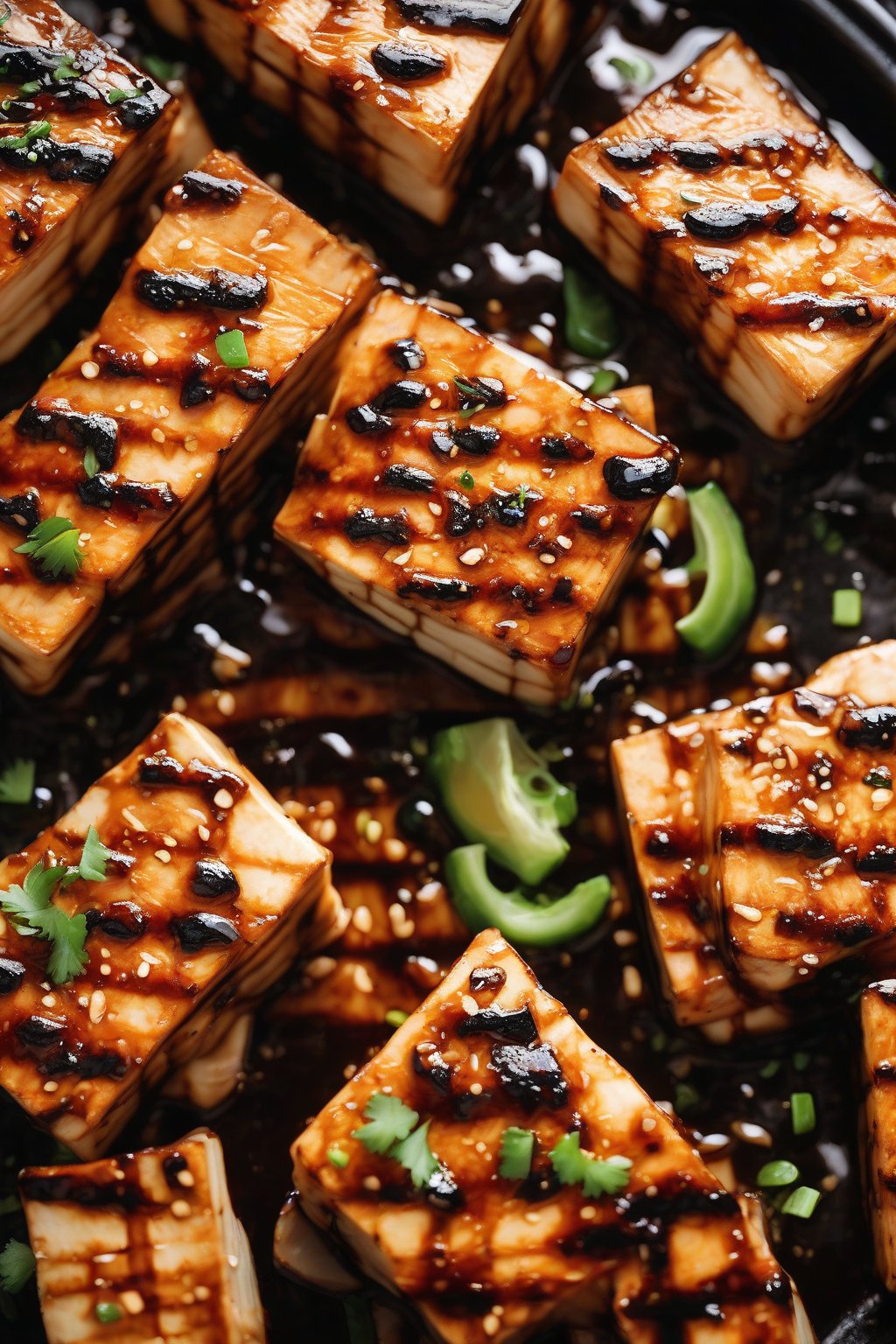 A high-resolution photo of grilled tofu bulgogi slices stacked high with a glossy glaze, under soft lighting.