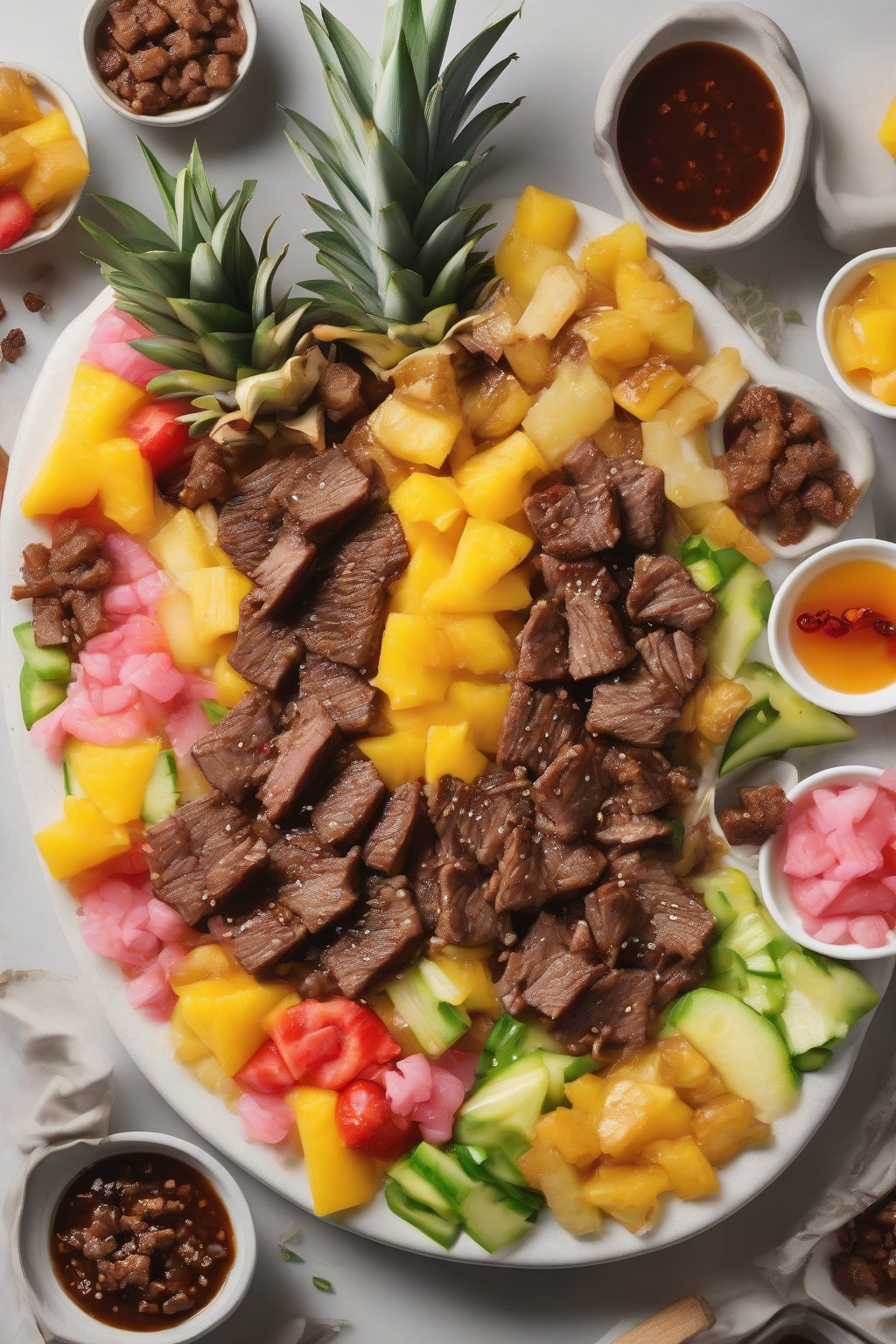 A high-resolution photo of pineapple grilled bulgogi with juicy fruit pieces and beef bites, under soft lighting.