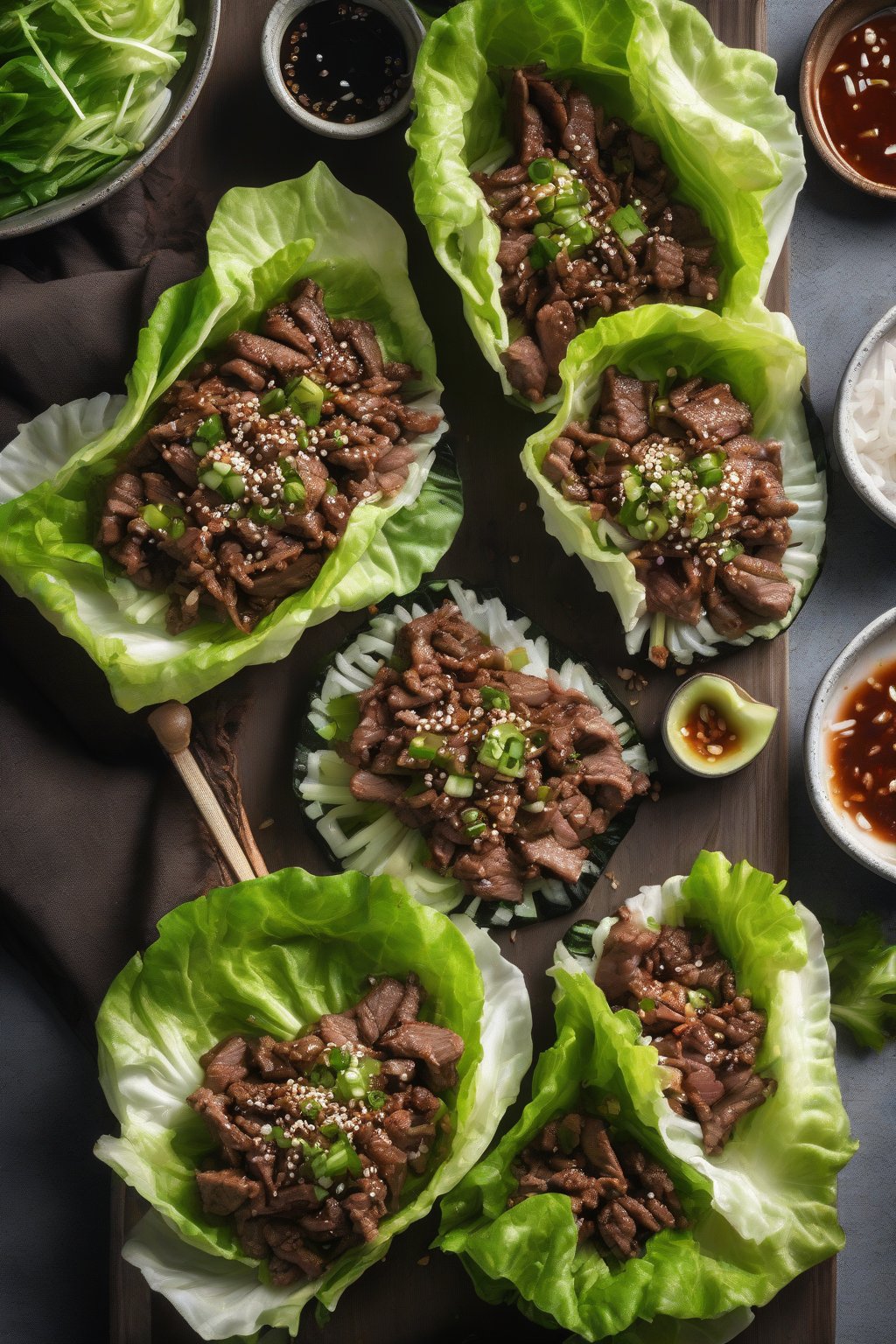 A high-resolution photo of bulgogi beef lettuce wraps open to show fillings, with grill-fresh meat, under soft lighting.