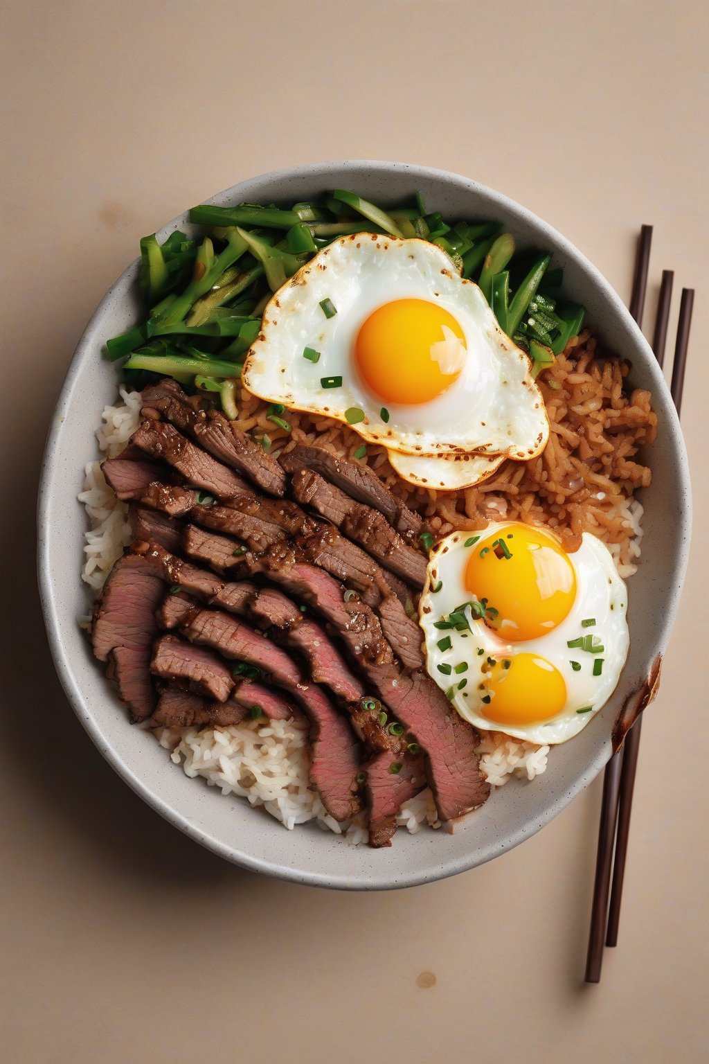 A high-resolution photo of kimchi fried bulgogi rice bowl topped with grilled beef strips and a fried egg, under soft lighting.