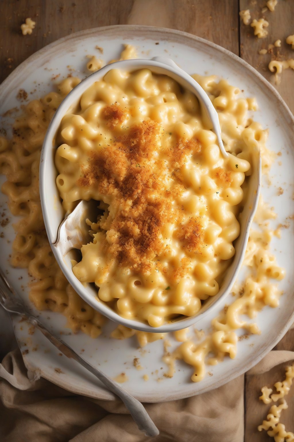 A high-resolution photo of classic creamy crockpot mac and cheese in a white bowl, topped with golden breadcrumbs, under soft lighting.