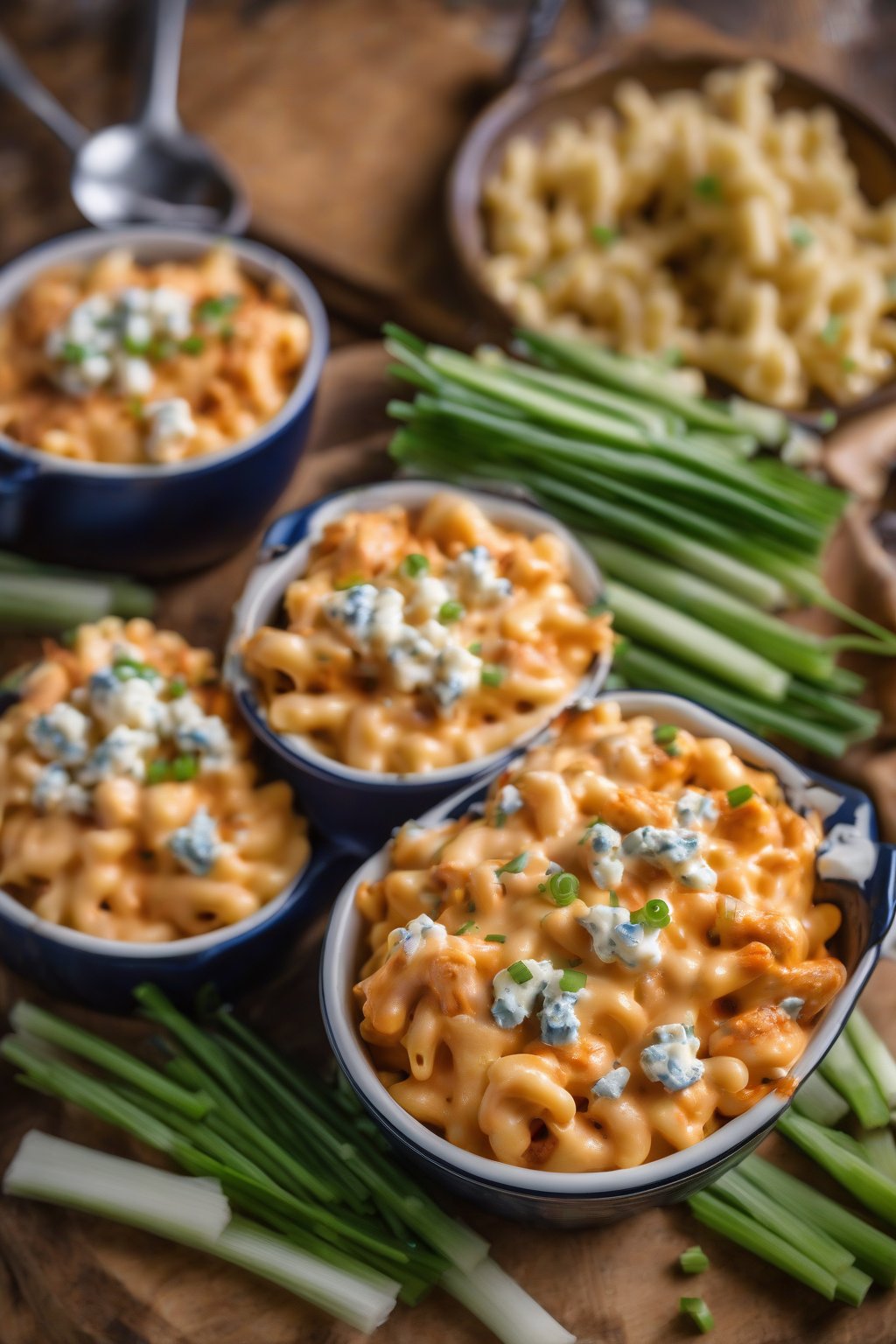 A high-resolution photo of buffalo chicken crockpot mac and cheese garnished with blue cheese crumbles and green onions, under soft lighting.