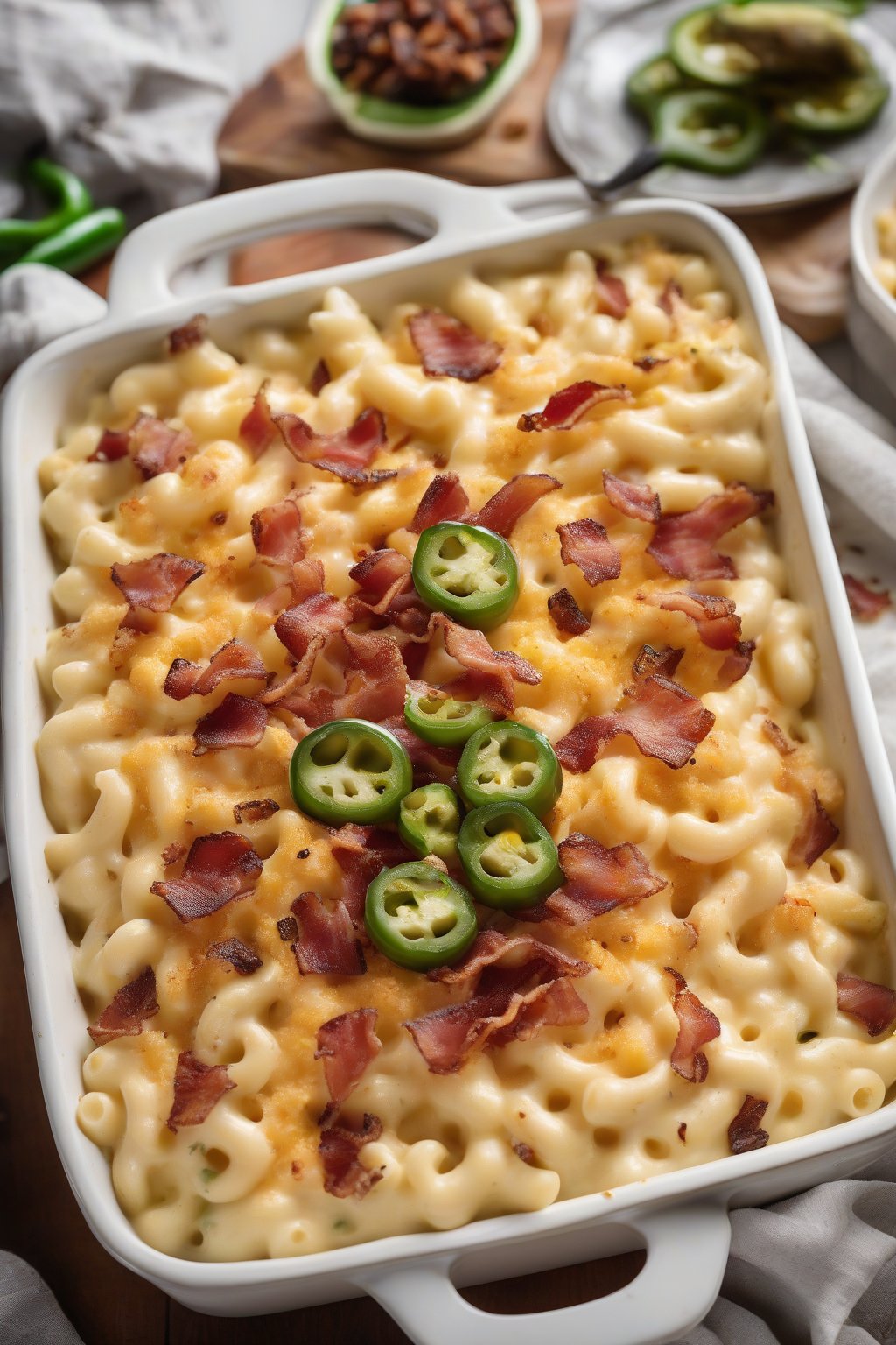A high-resolution photo of bacon jalapeño popper mac and cheese with crispy bacon bits on top, under soft lighting.