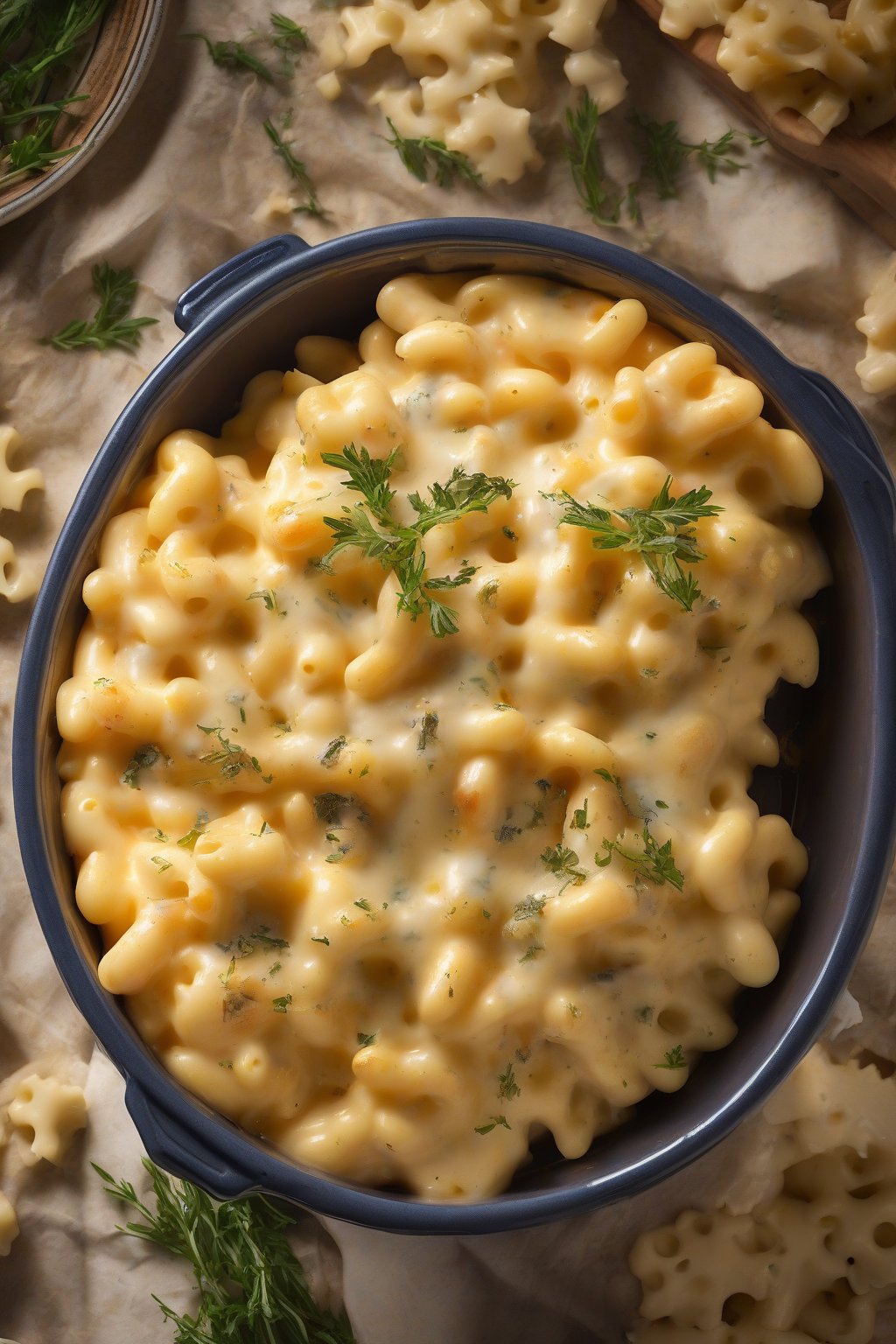 A high-resolution photo of four-cheese Italian crockpot mac and cheese baked golden with herbs, under soft lighting.