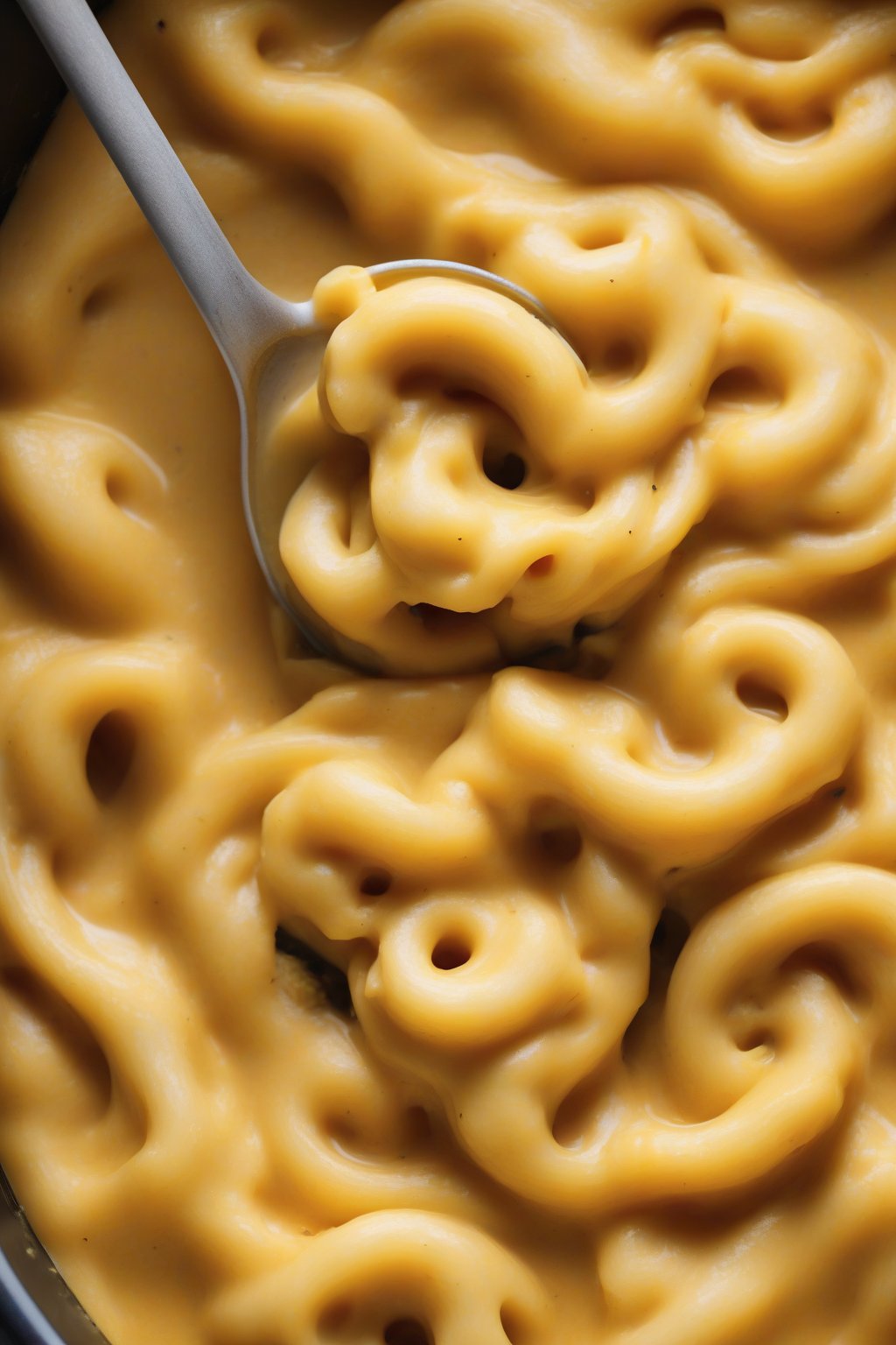 A high-resolution photo of vegan butternut squash crockpot mac and cheese swirled with orange sauce, under soft lighting.
