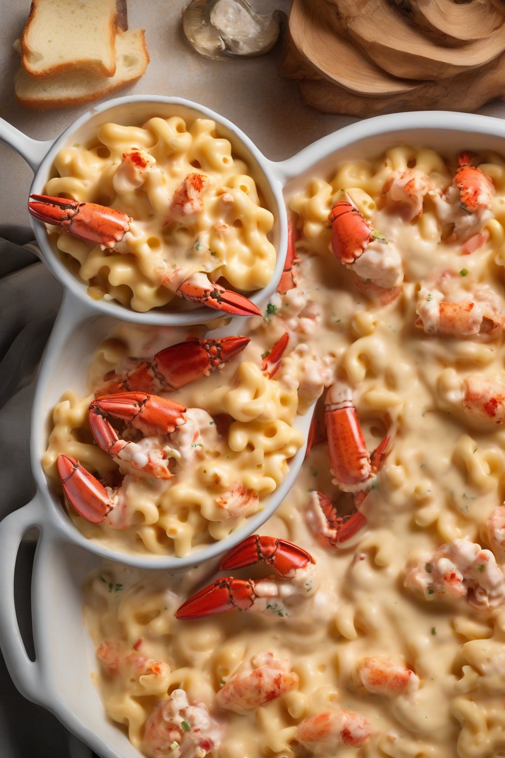 A high-resolution photo of lobster mac and cheese with chunks of lobster tail visible in creamy sauce, under soft lighting.